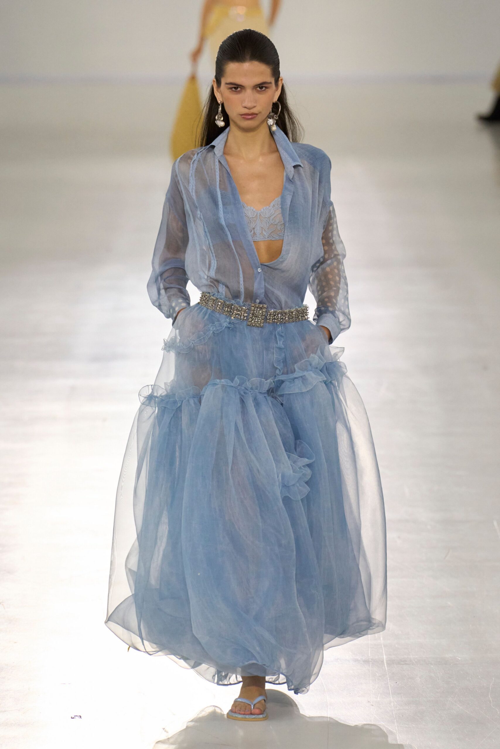 blue chiffon long-sleeve v-neck fitted ruffled layered dress