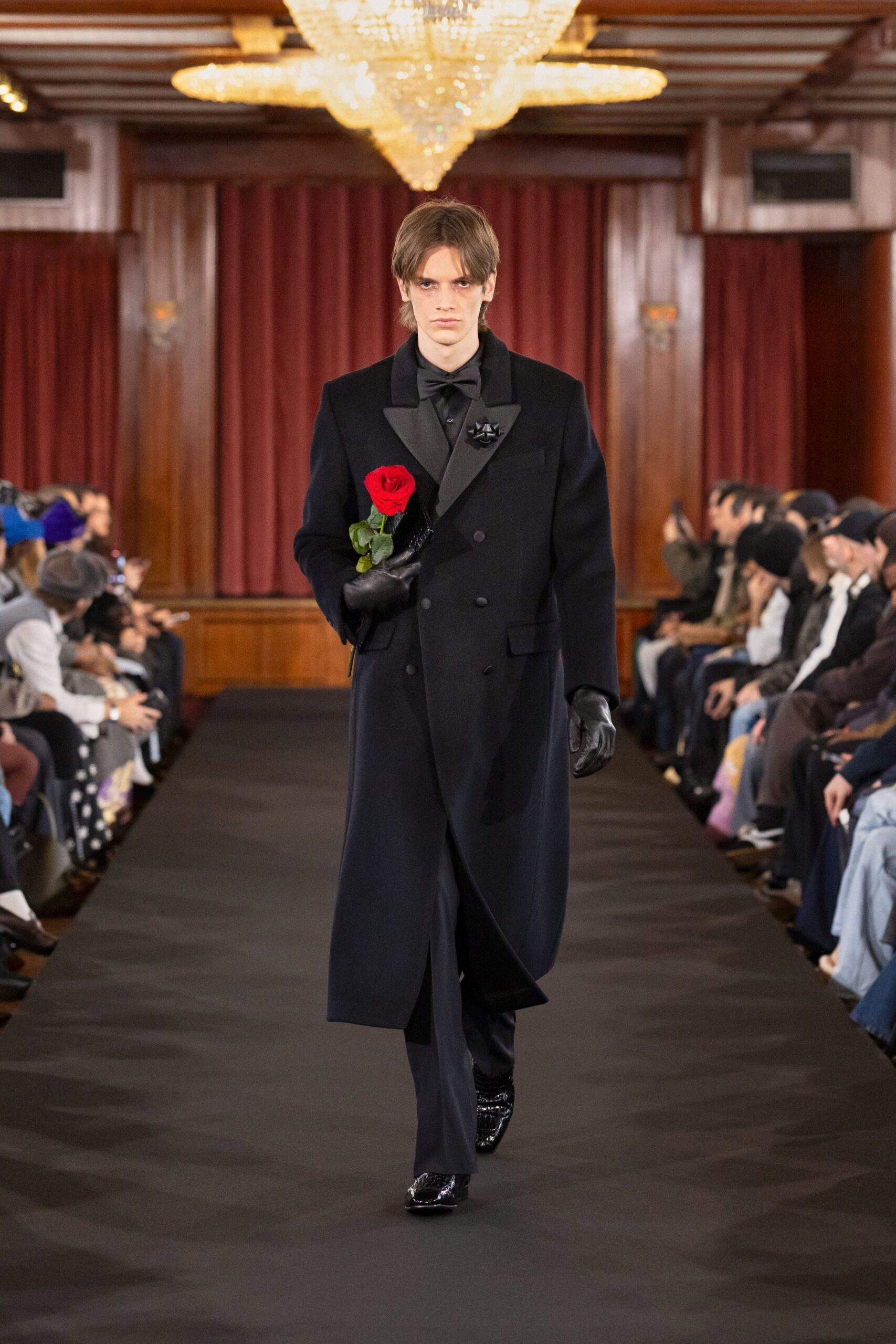 black tailored coat and pants