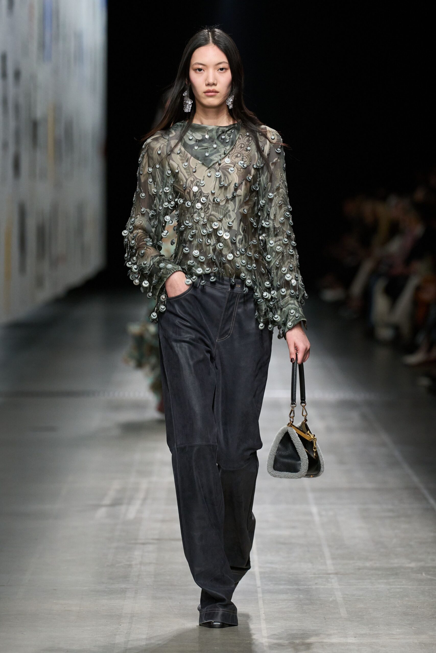green silk long-sleeve high-neck relaxed embroidered sheer top