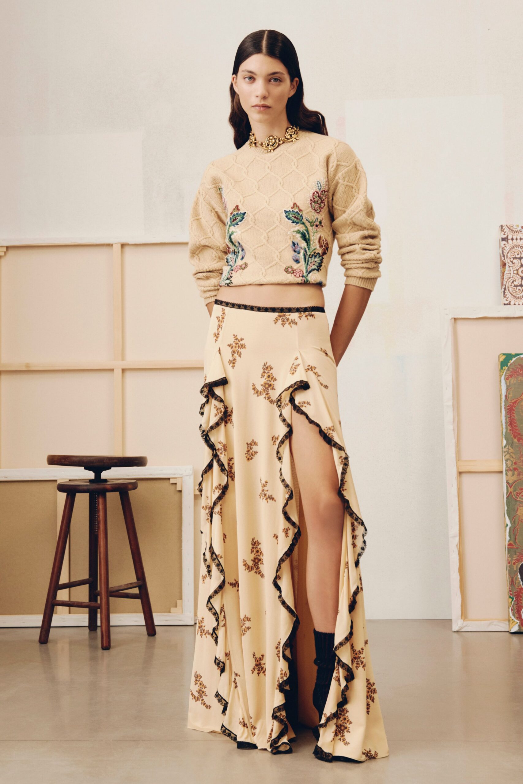 yellow silk slit fitted high-waisted ruffled flared skirt