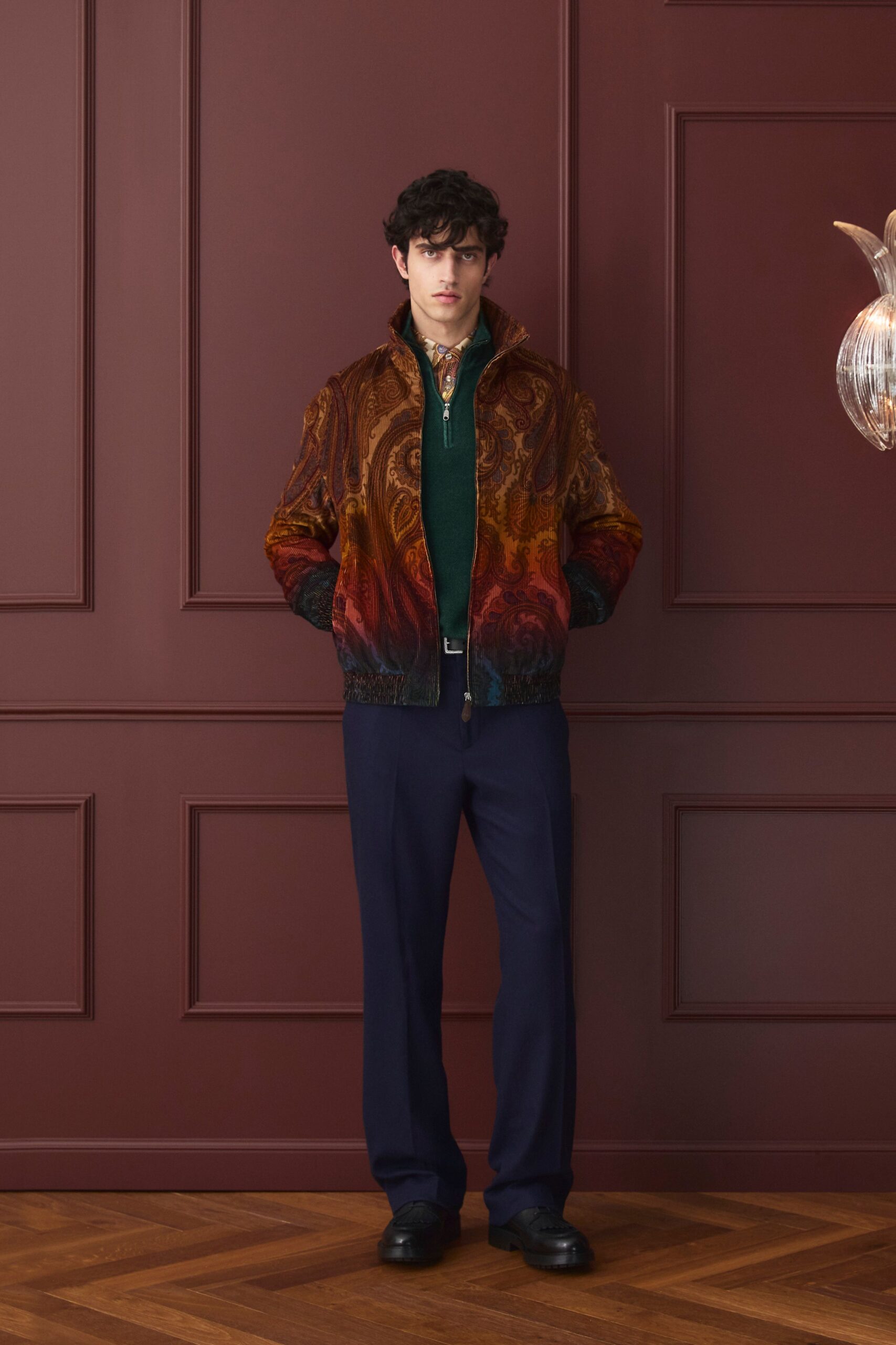 brown silk long-sleeve collared relaxed printed jacket