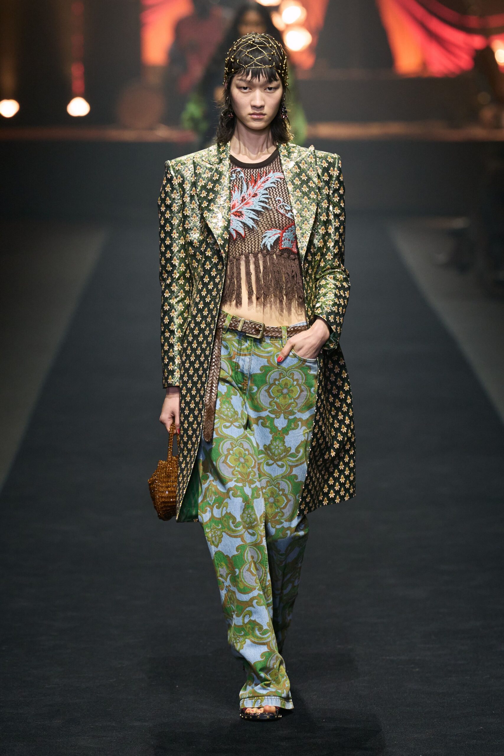 gold silk long-sleeve collared structured embroidered buttoned blazer