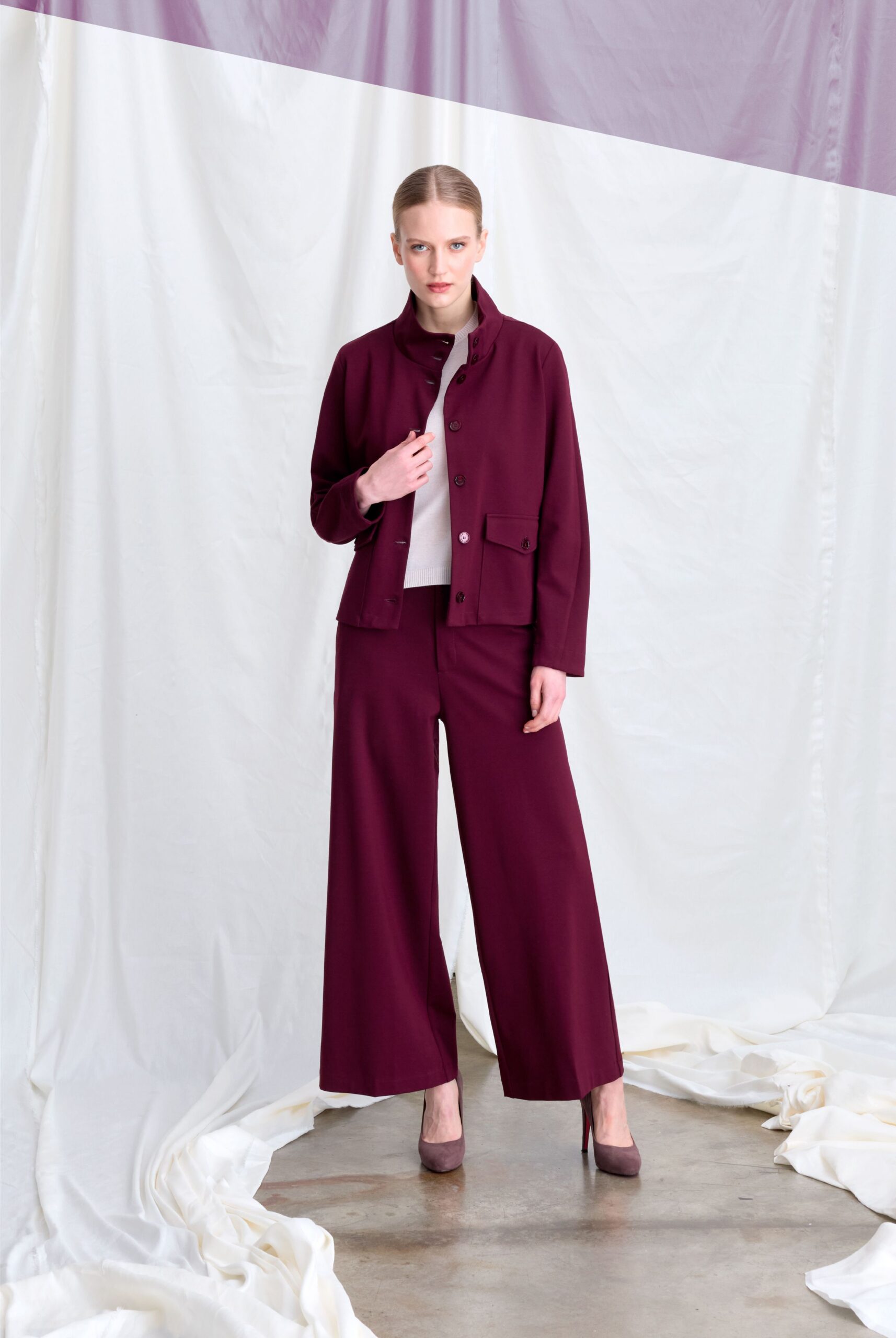 maroon long-sleeve collared fitted jacket