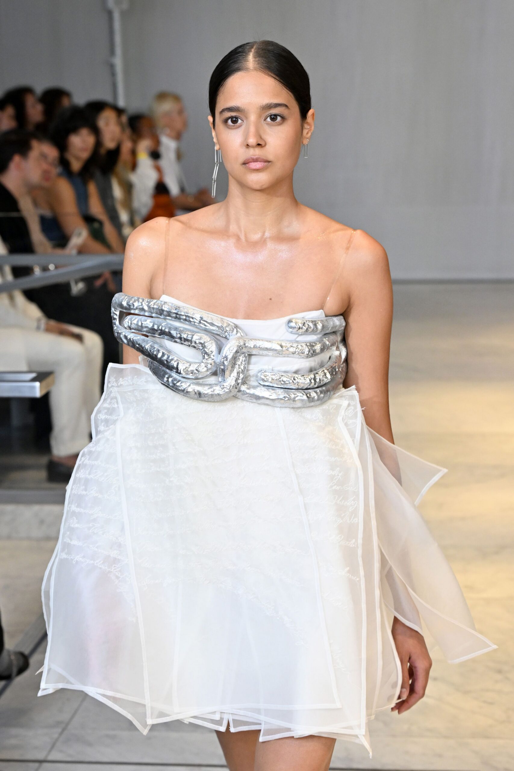 white silk strapless dress