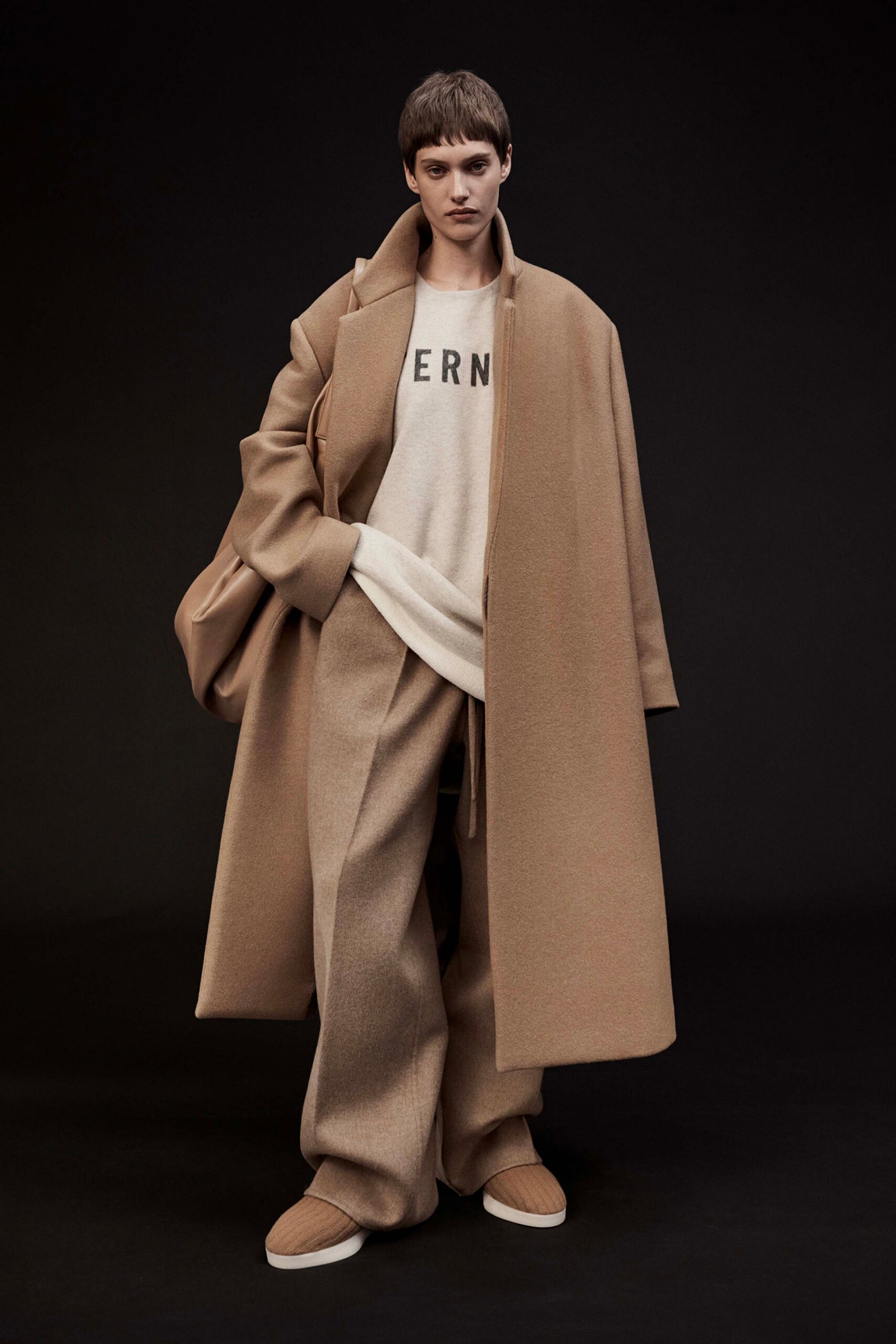 beige wool long-sleeve oversized buttoned coat
