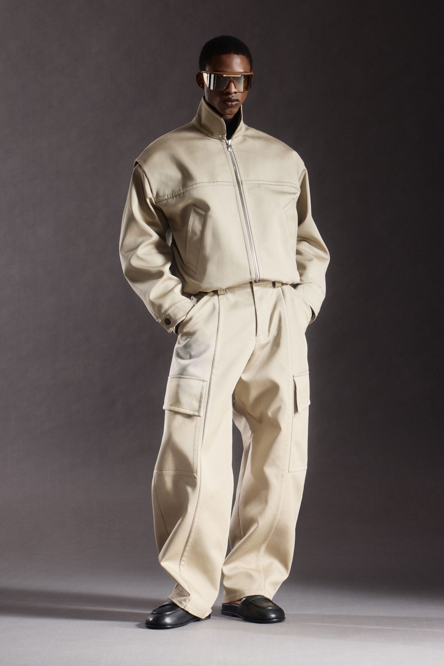 beige oversized jacket and pants