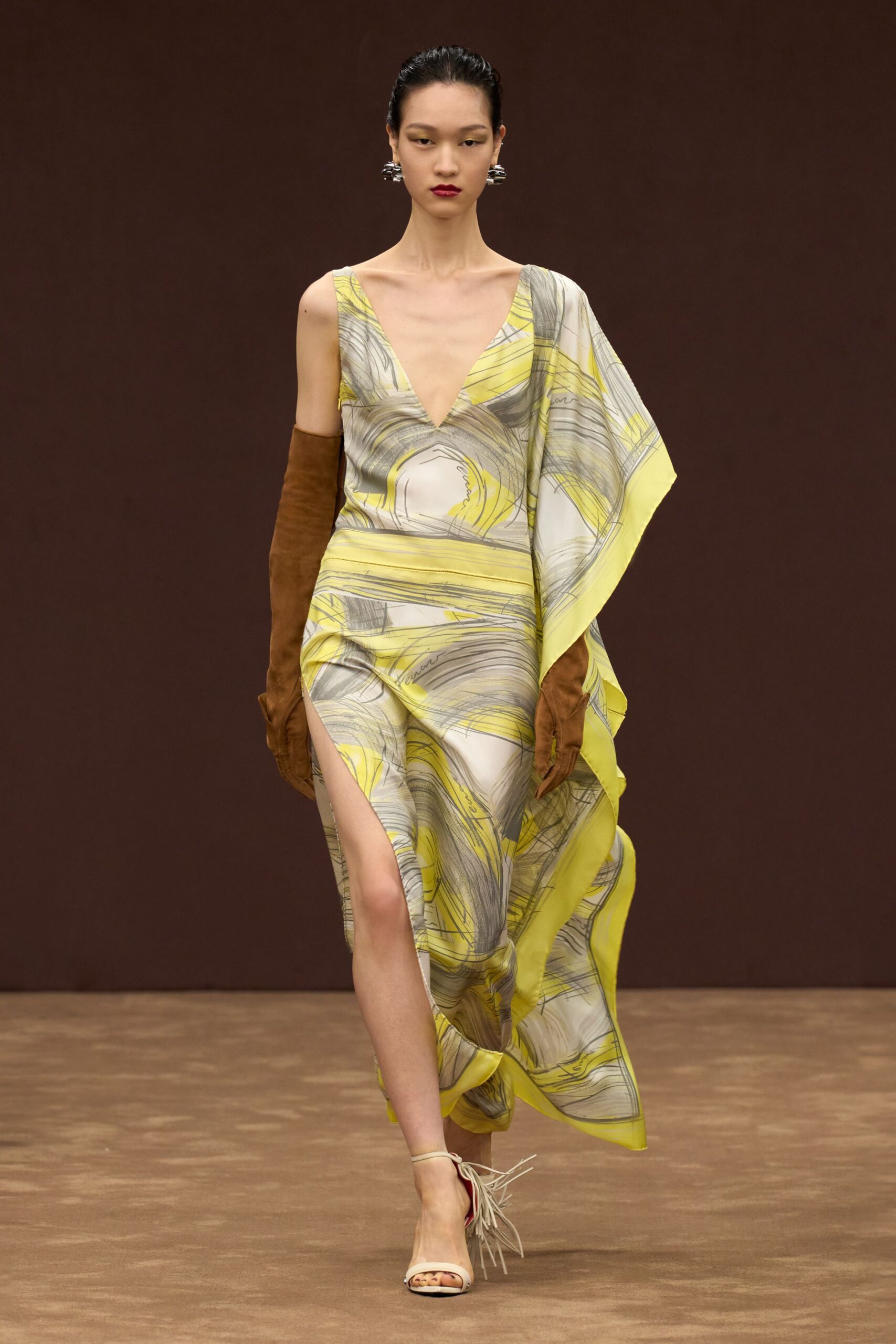 yellow silk sleeveless v-neck fitted draped maxi dress