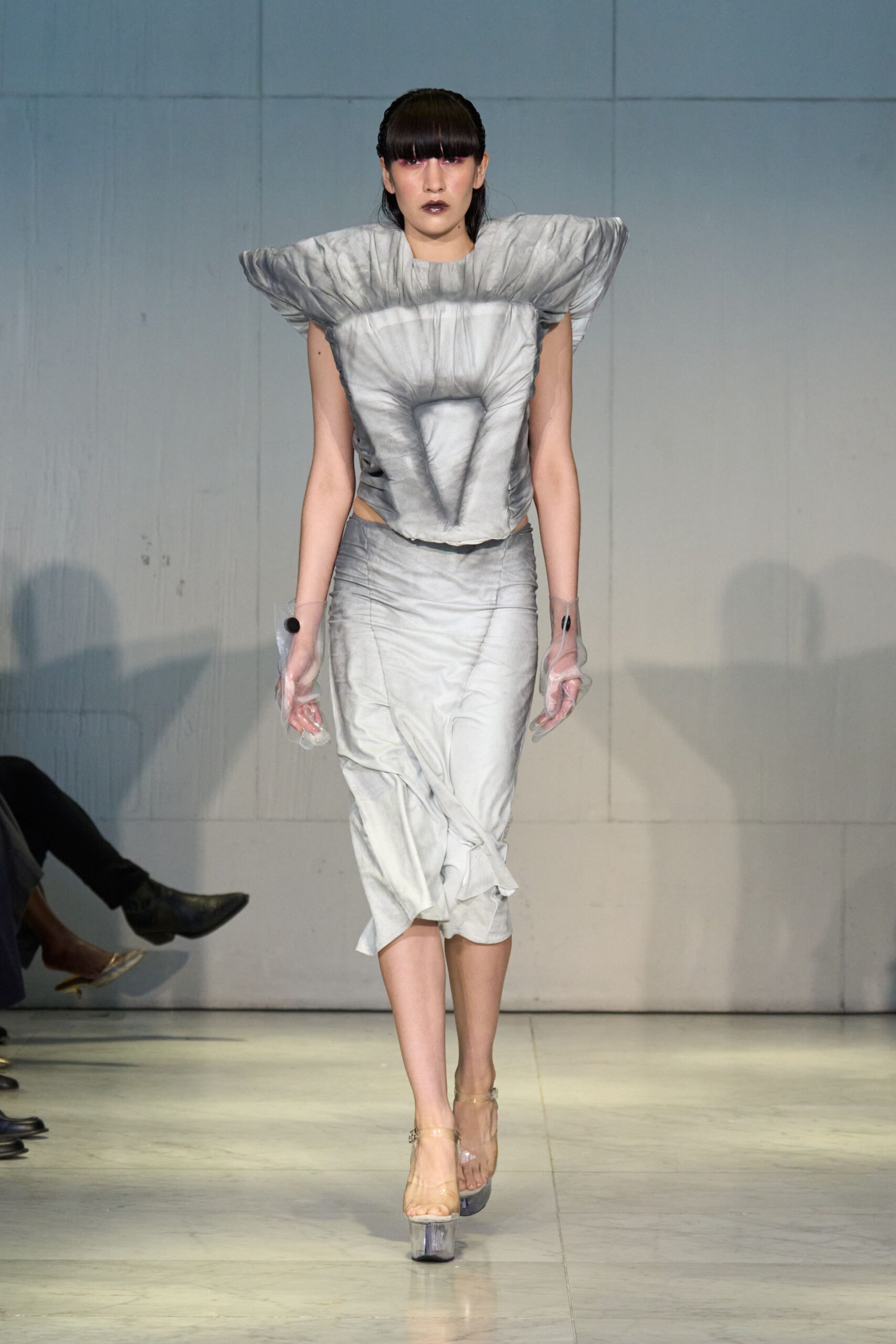 gray silk fitted top and skirt