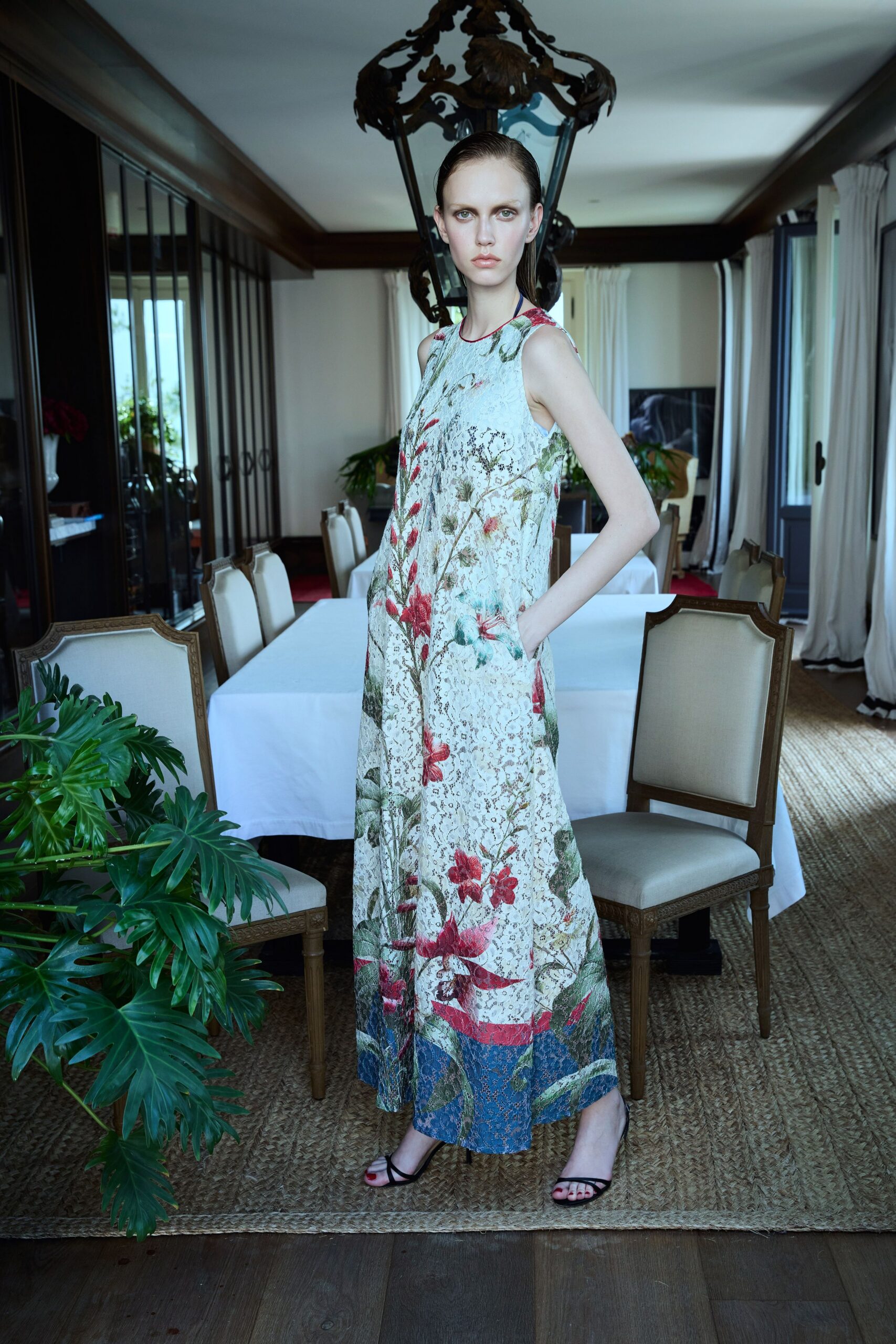 floral maxi dress with open-toe shoes
