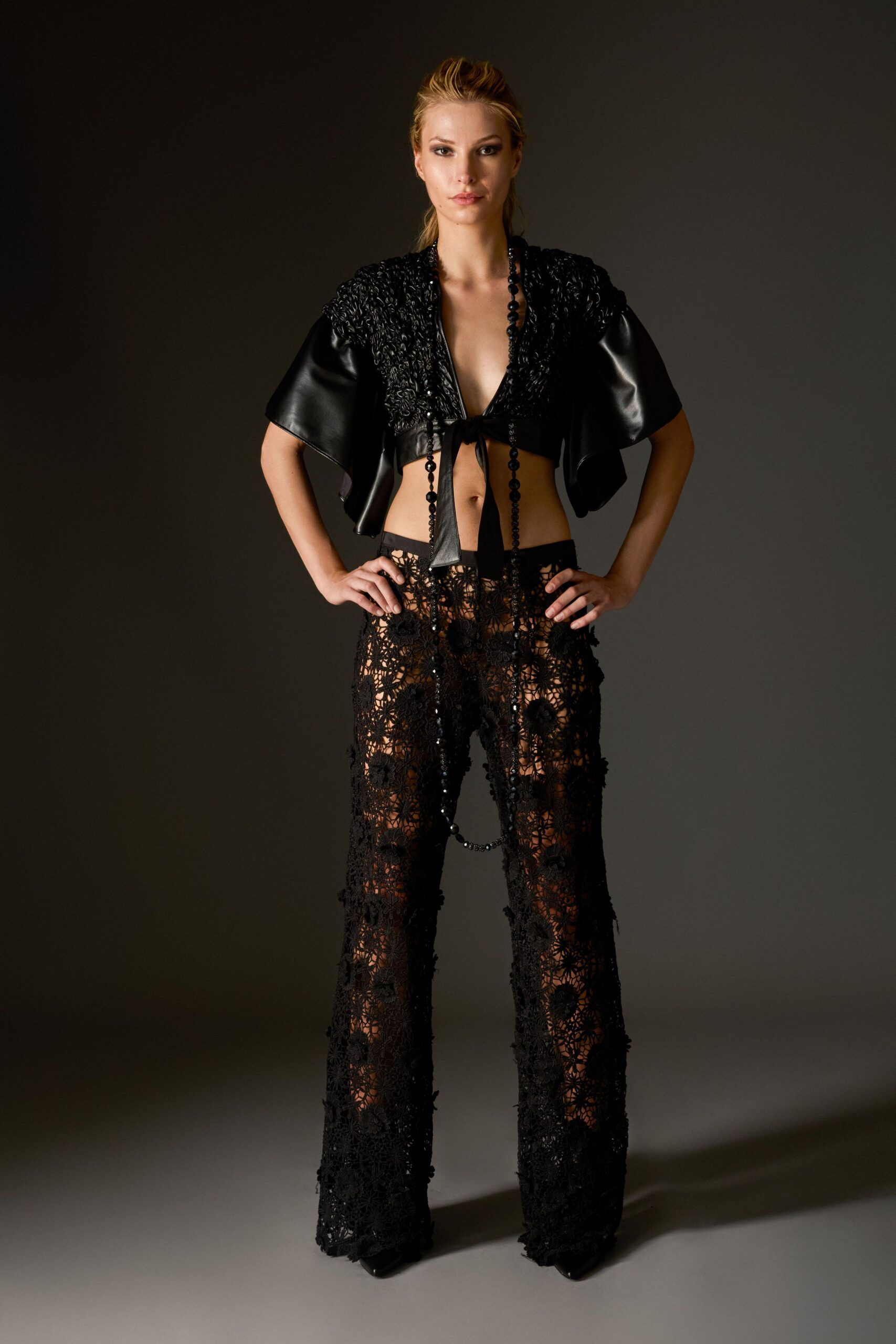black leather top with lace pants