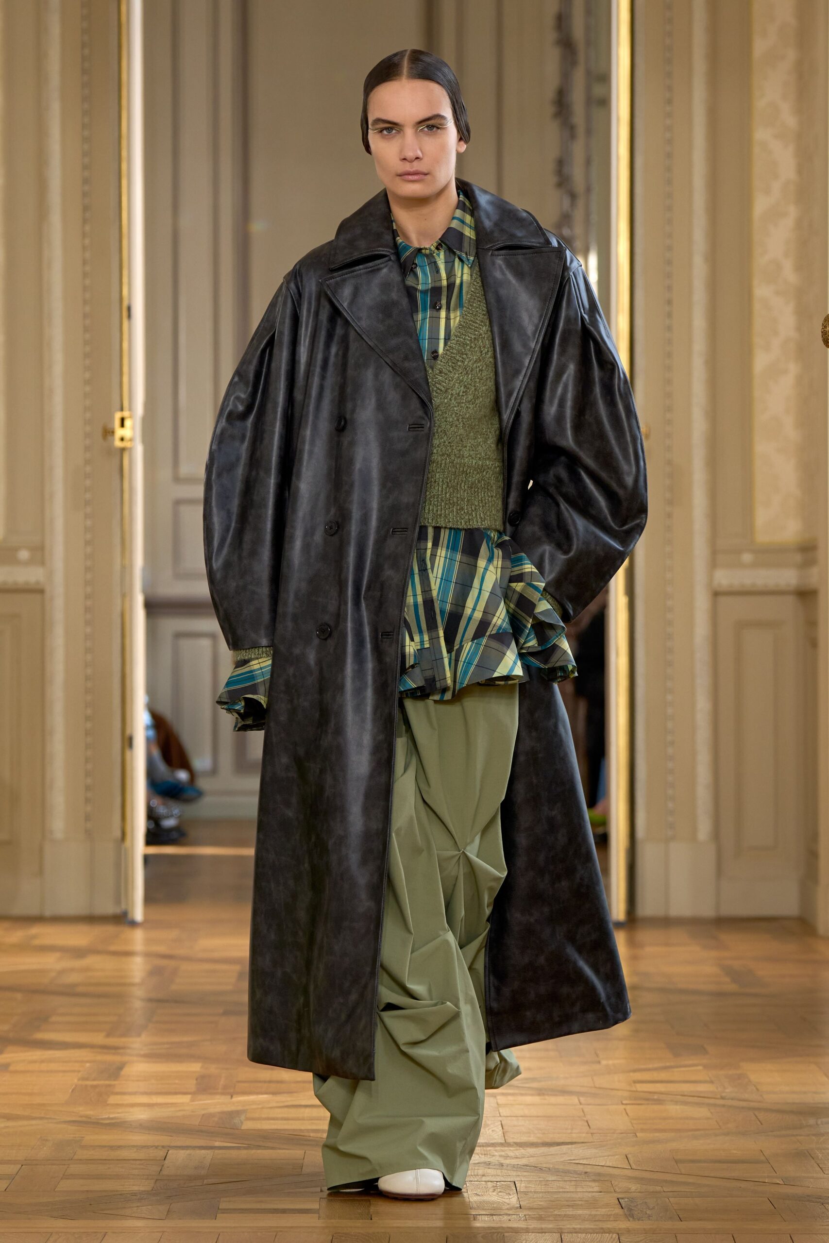 black leather long-sleeve collared oversized buttoned coat