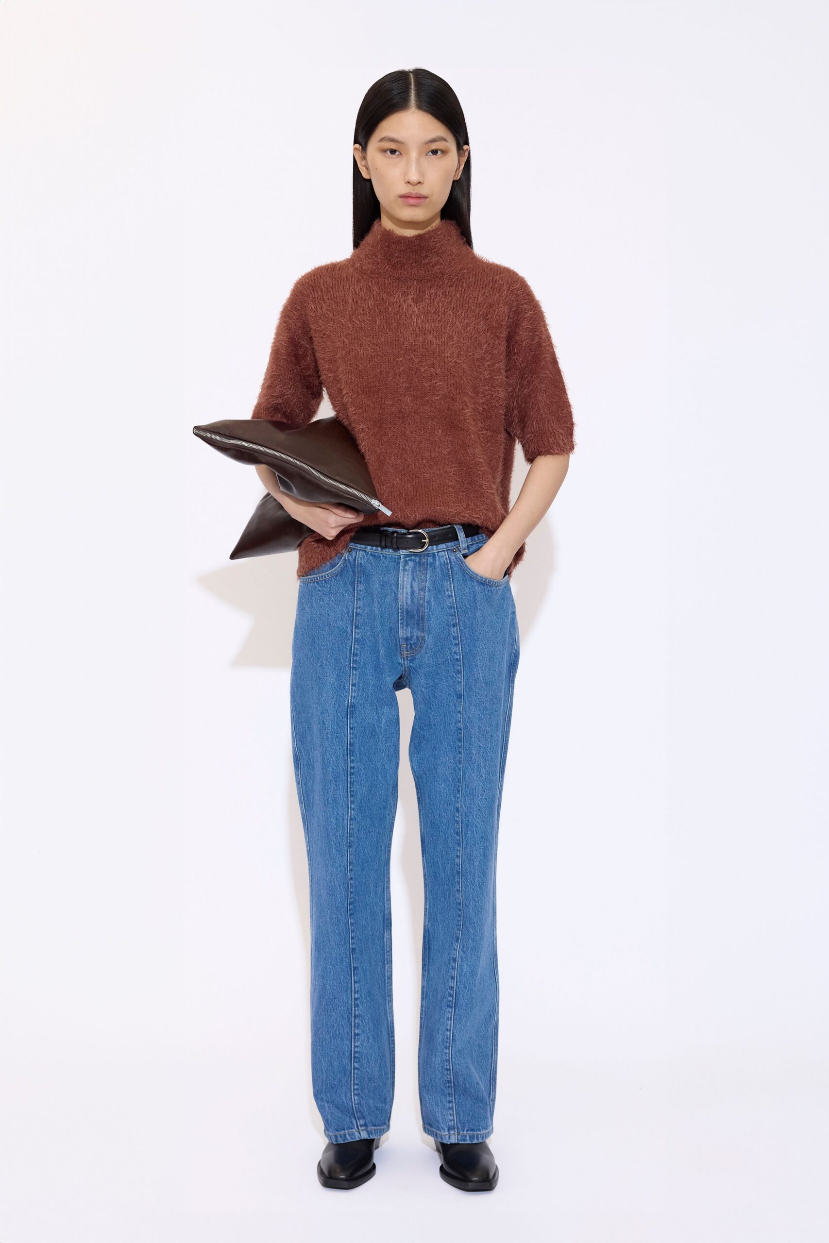 brown wool short-sleeve turtleneck relaxed textured top