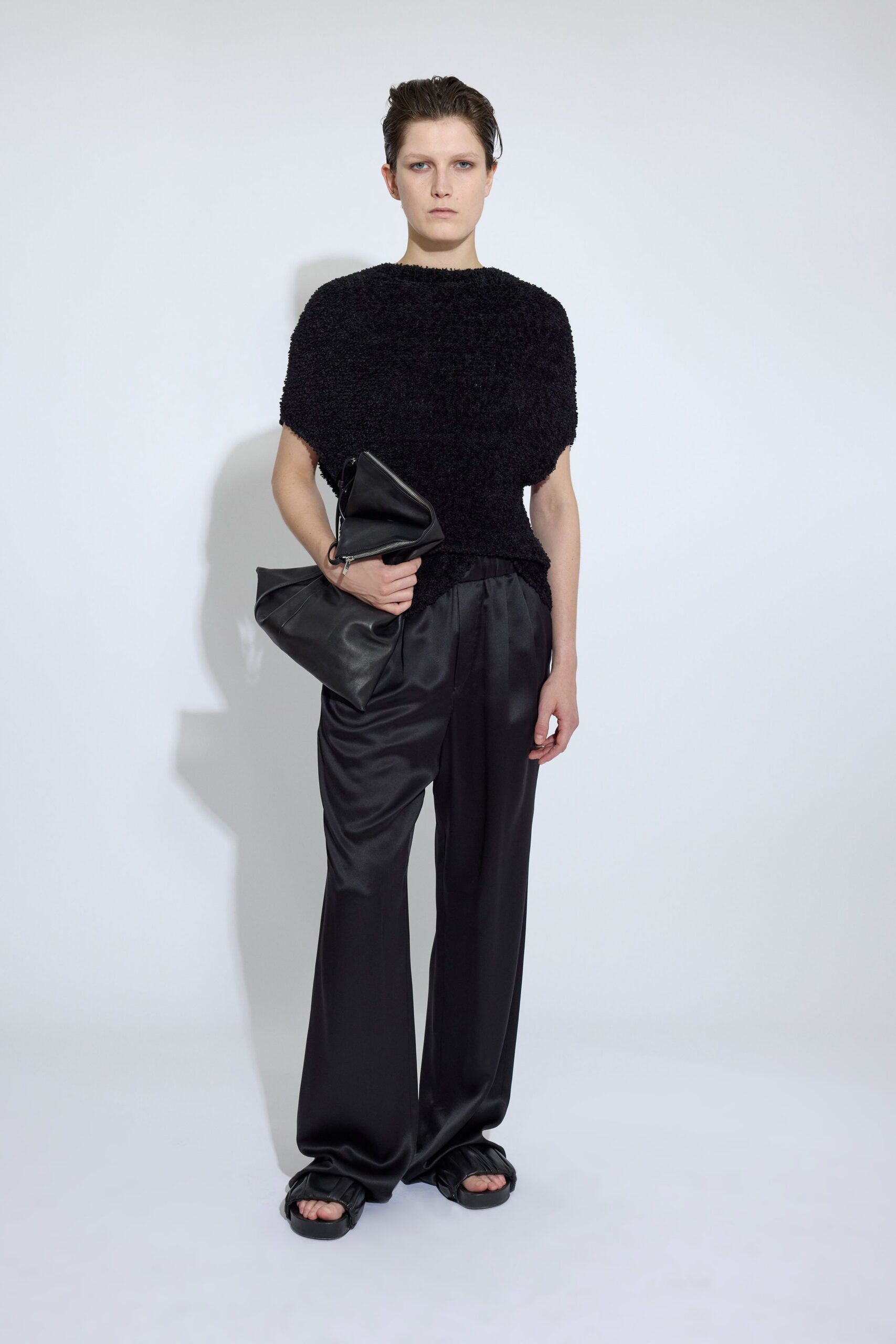 black wool short-sleeve relaxed textured top