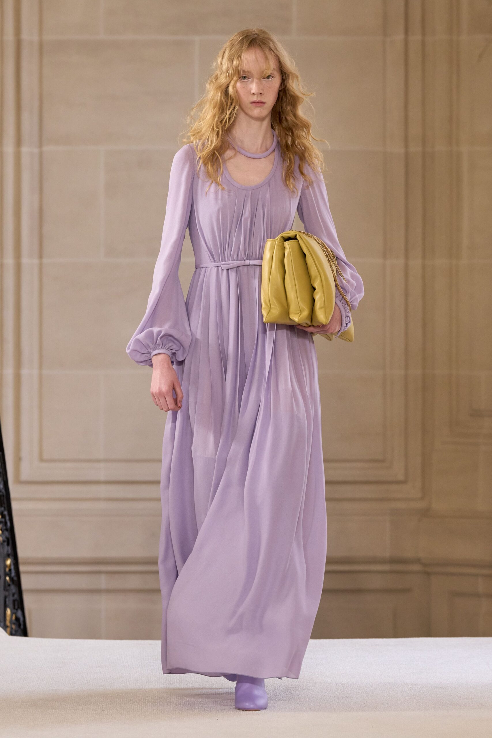 purple silk long-sleeve v-neck relaxed pleated flowing gown