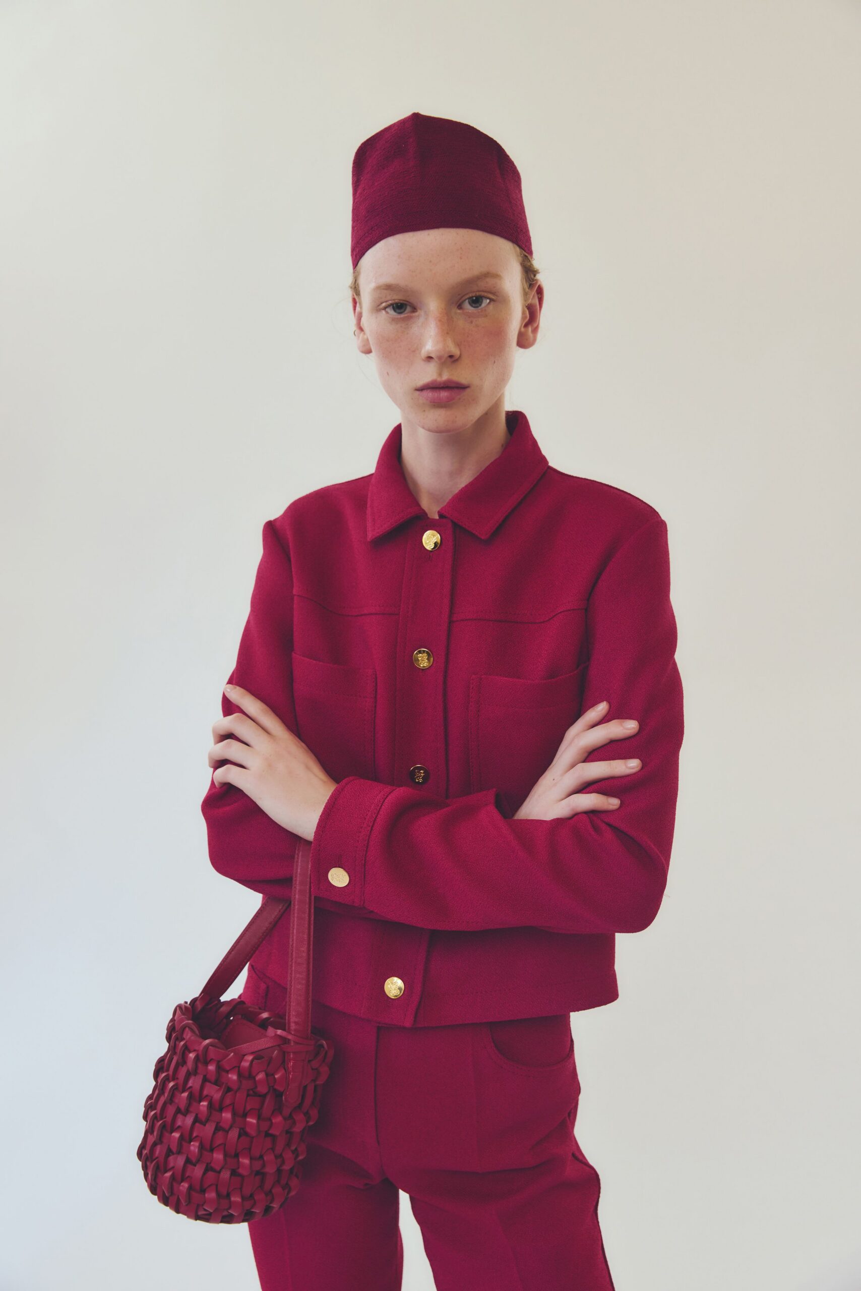 red fitted jacket and pants