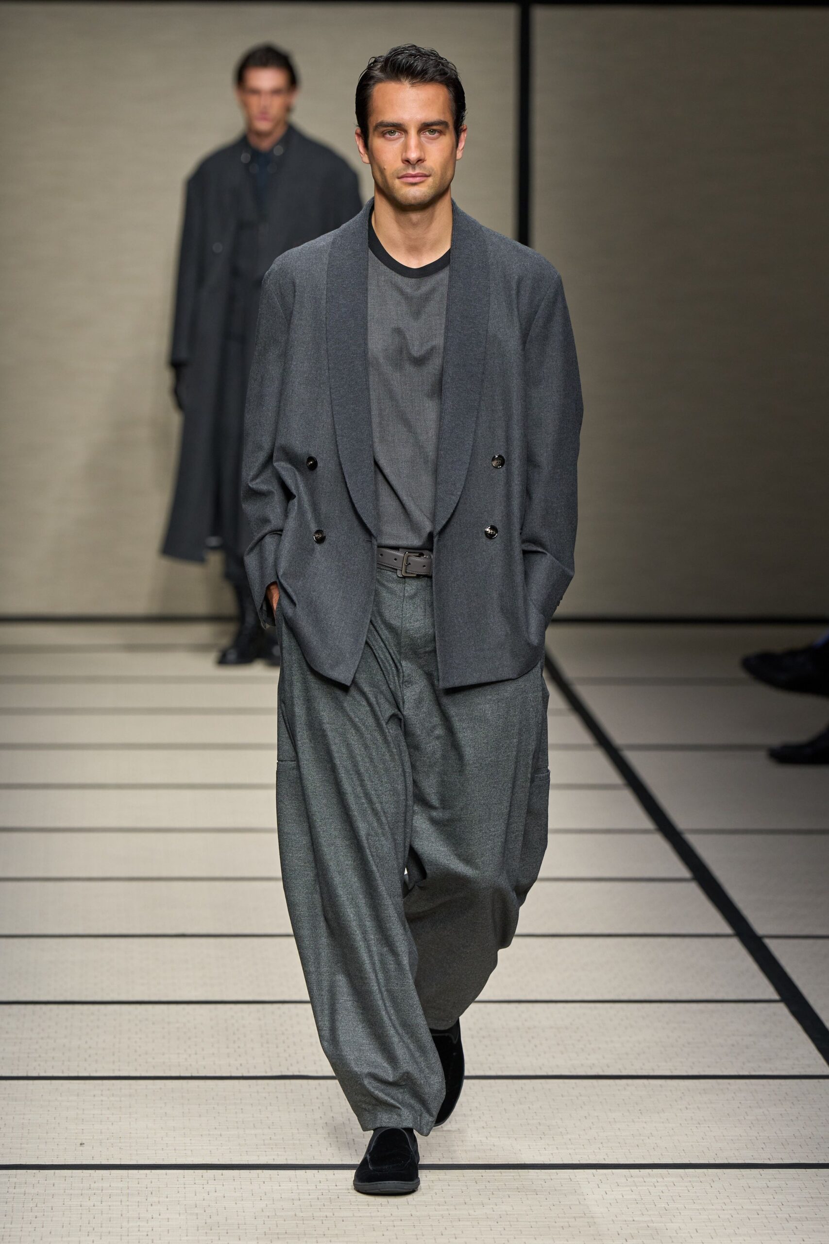 gray relaxed blazer with wide-leg pants