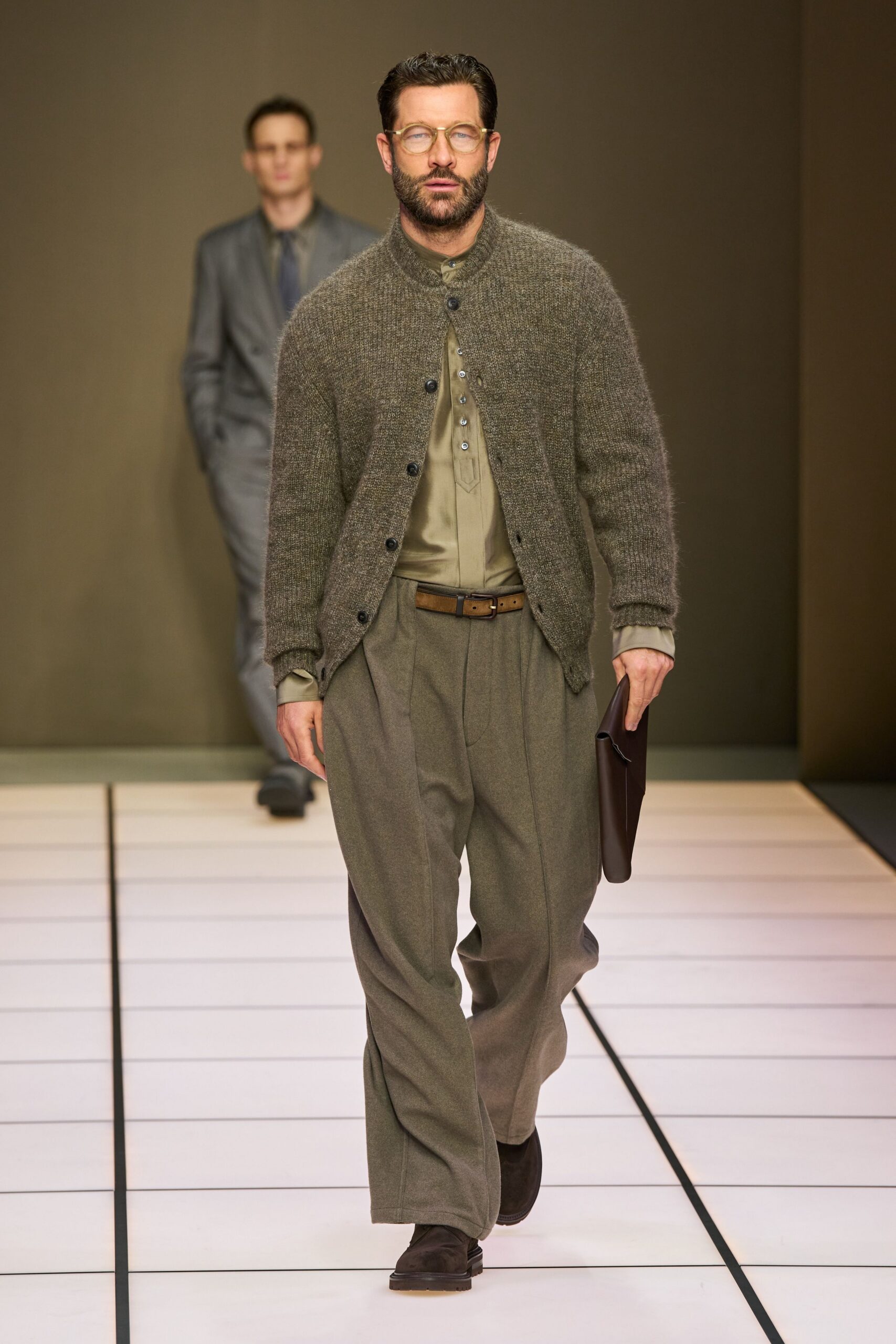 gray wool cardigan with beige shirt
