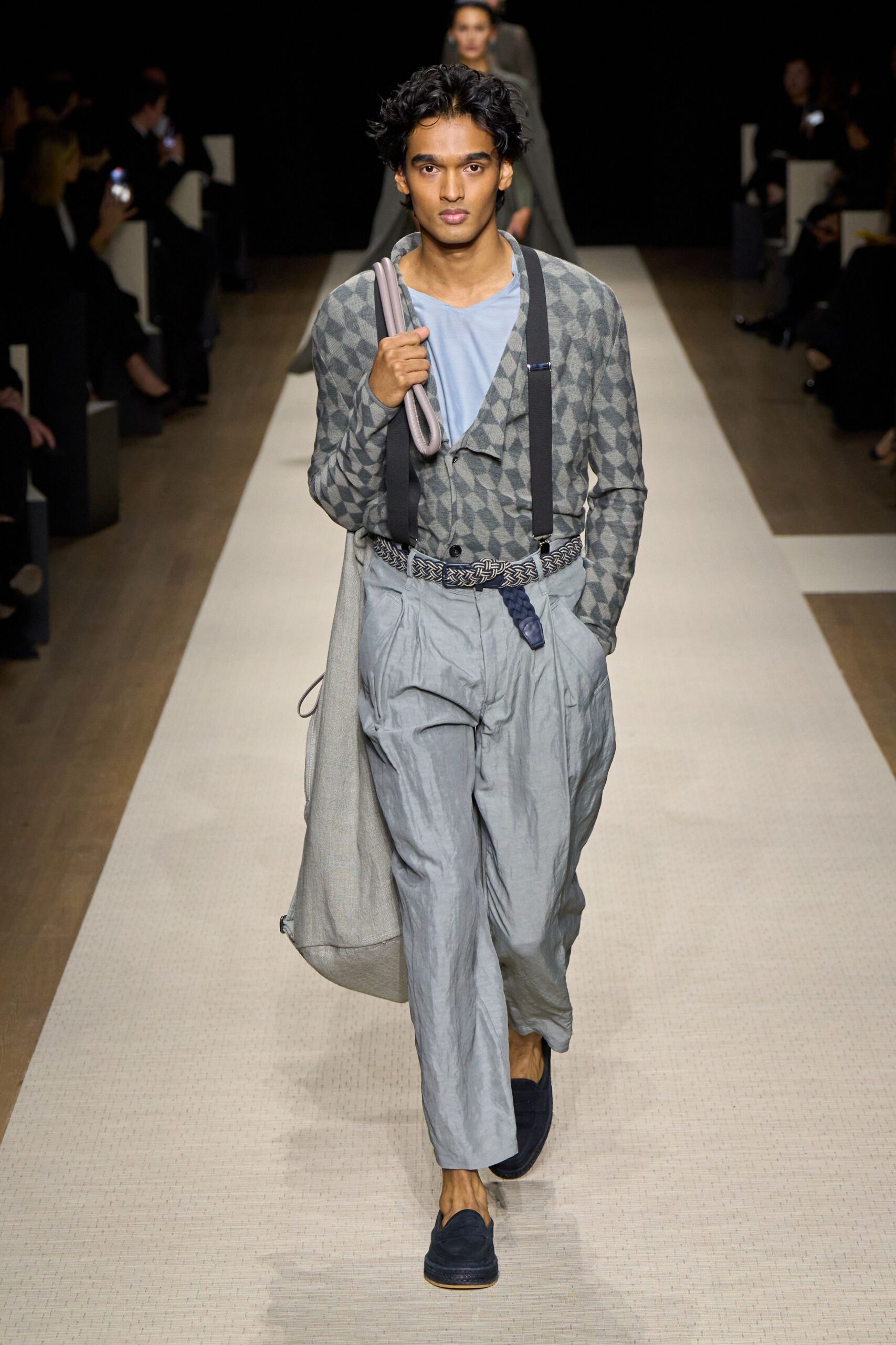 gray checked shirt with relaxed pants