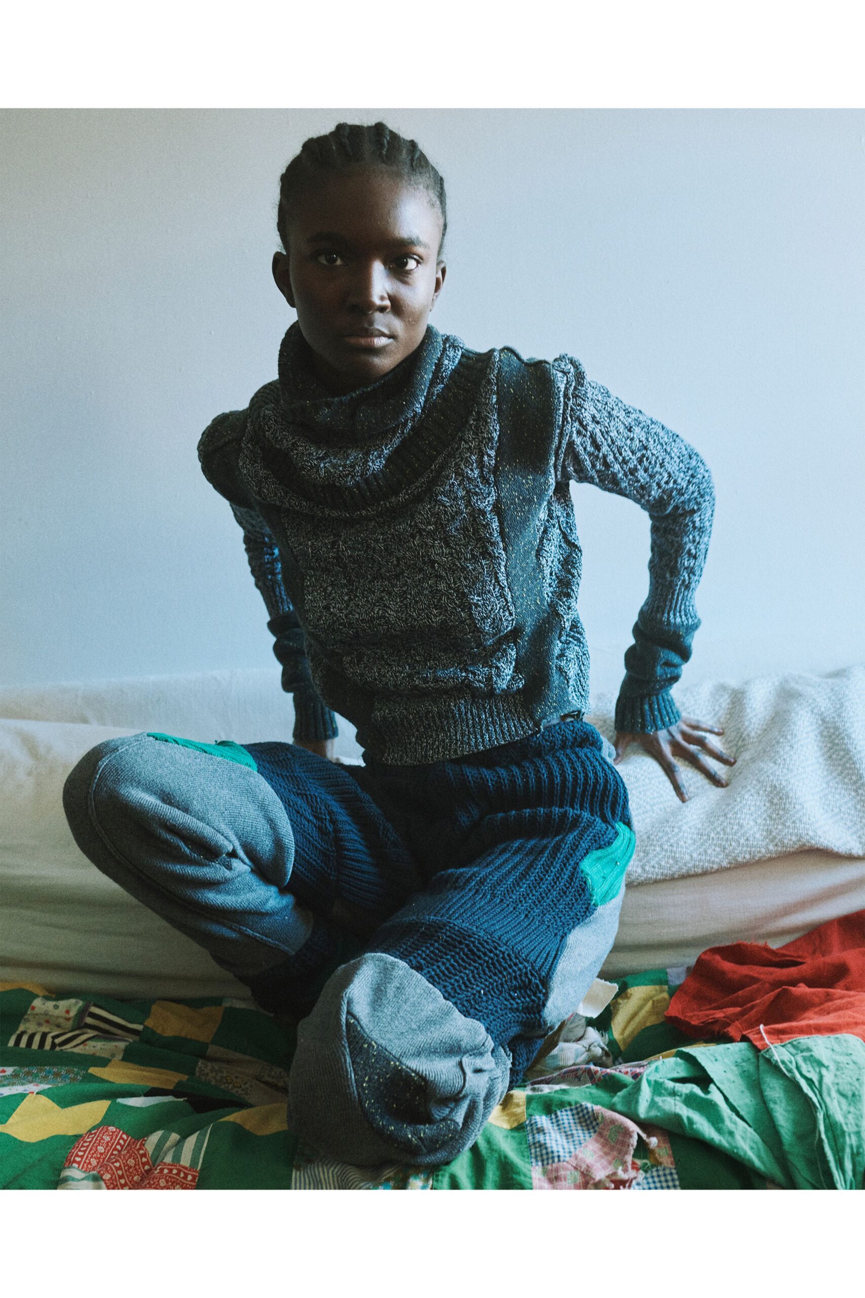 gray wool long-sleeve high-neck fitted textured sweater