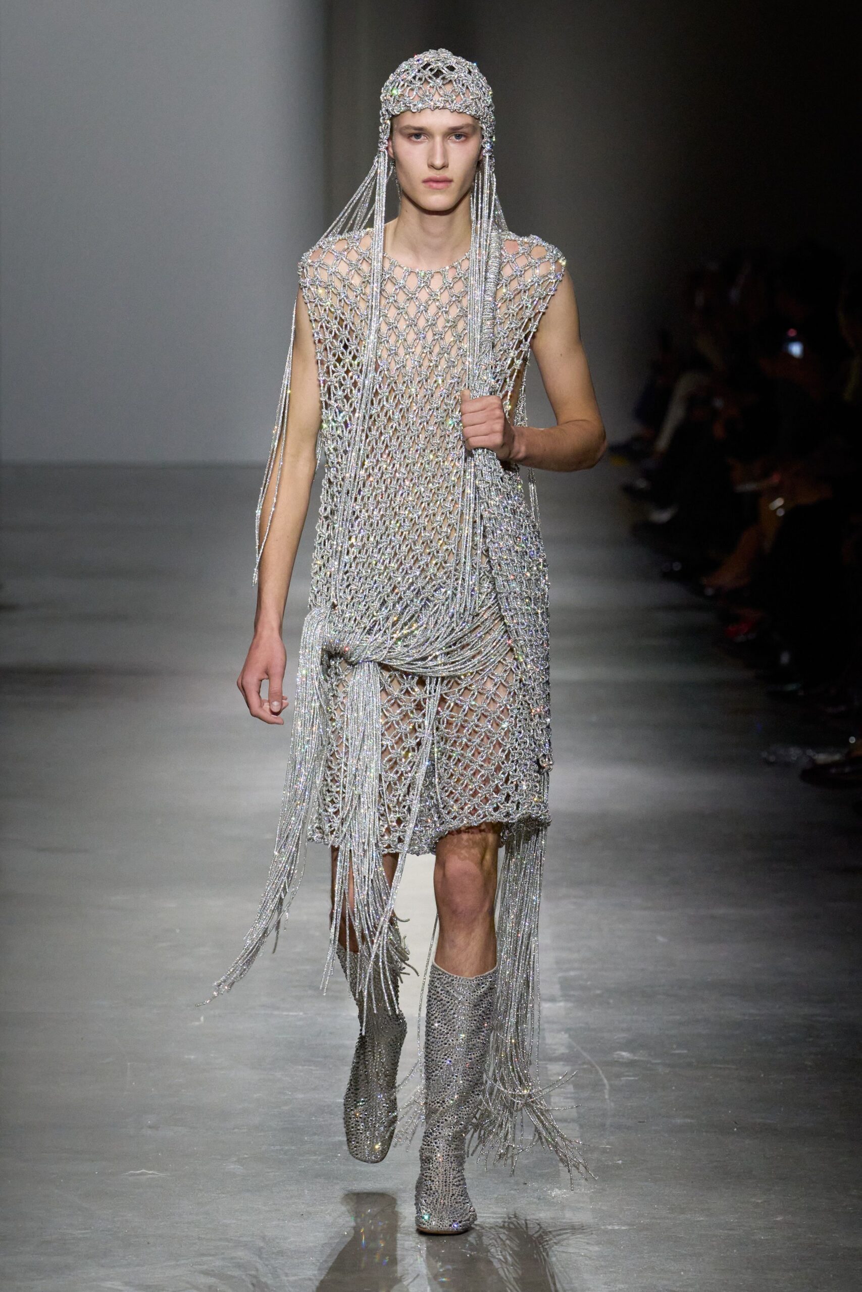 gray metallic sleeveless fitted fringed shiny mini dress