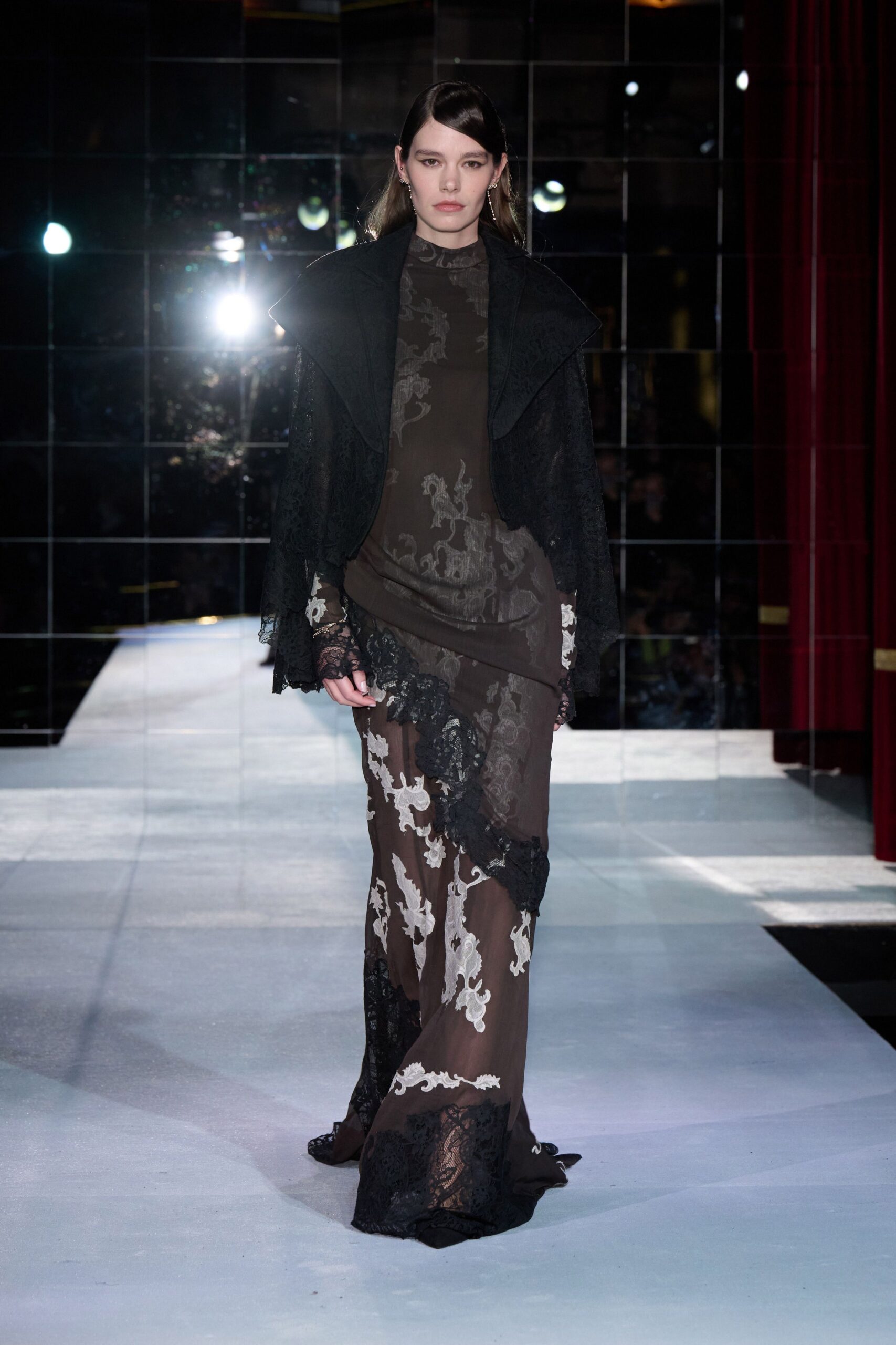 black lace long-sleeve high-neck fitted layered embroidered gown