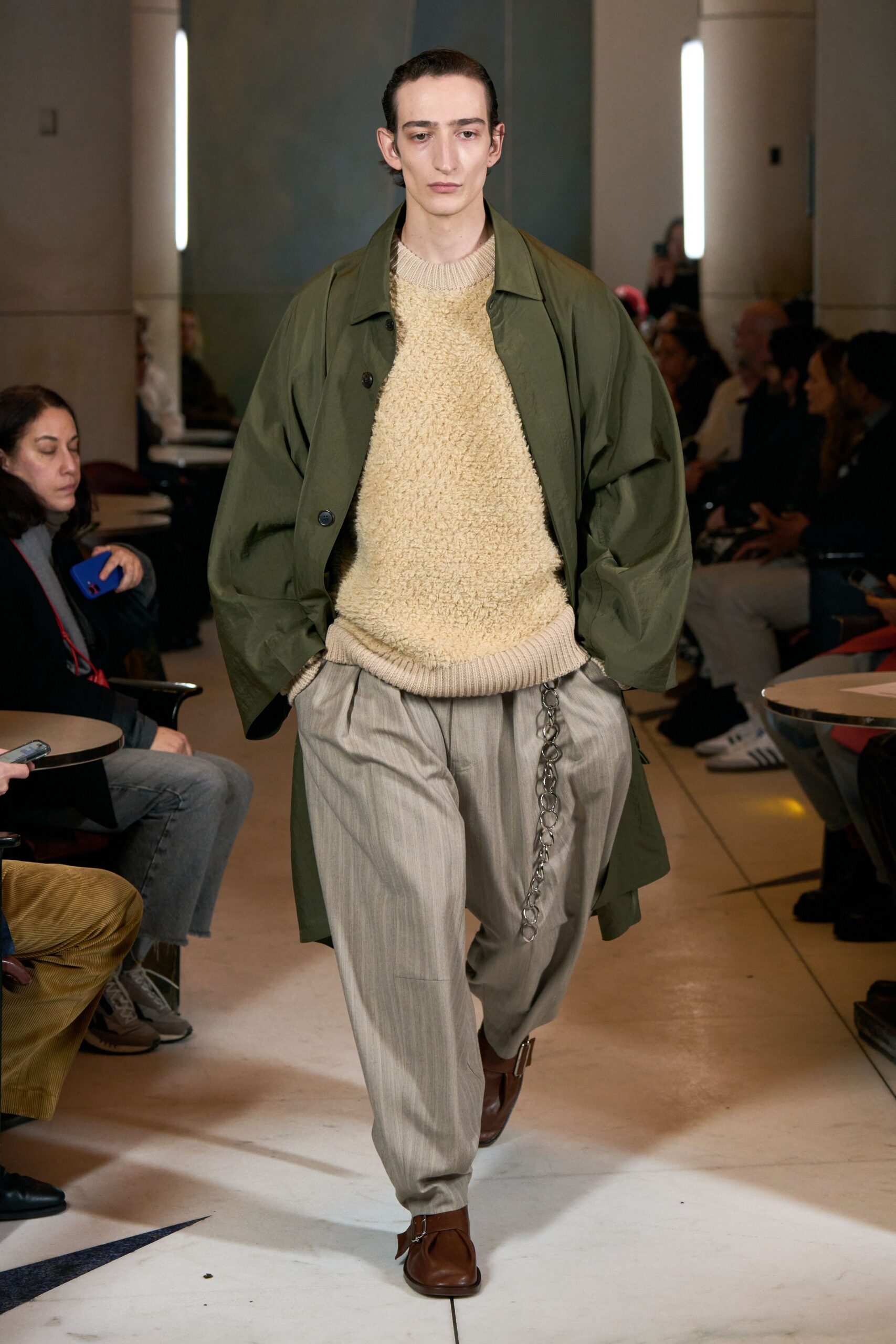beige wool long-sleeve collared fitted textured sweater