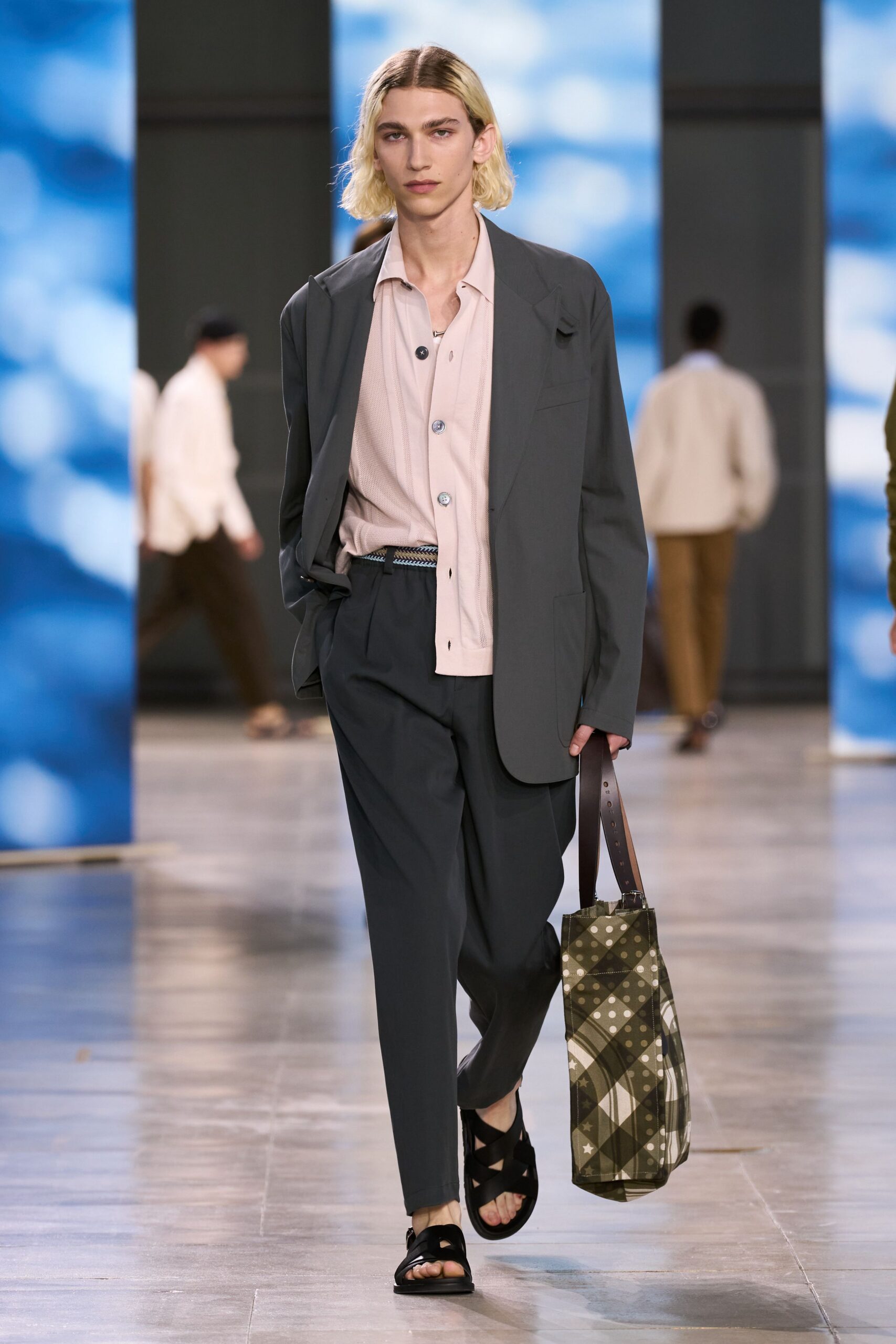 gray tailored blazer with pink shirt