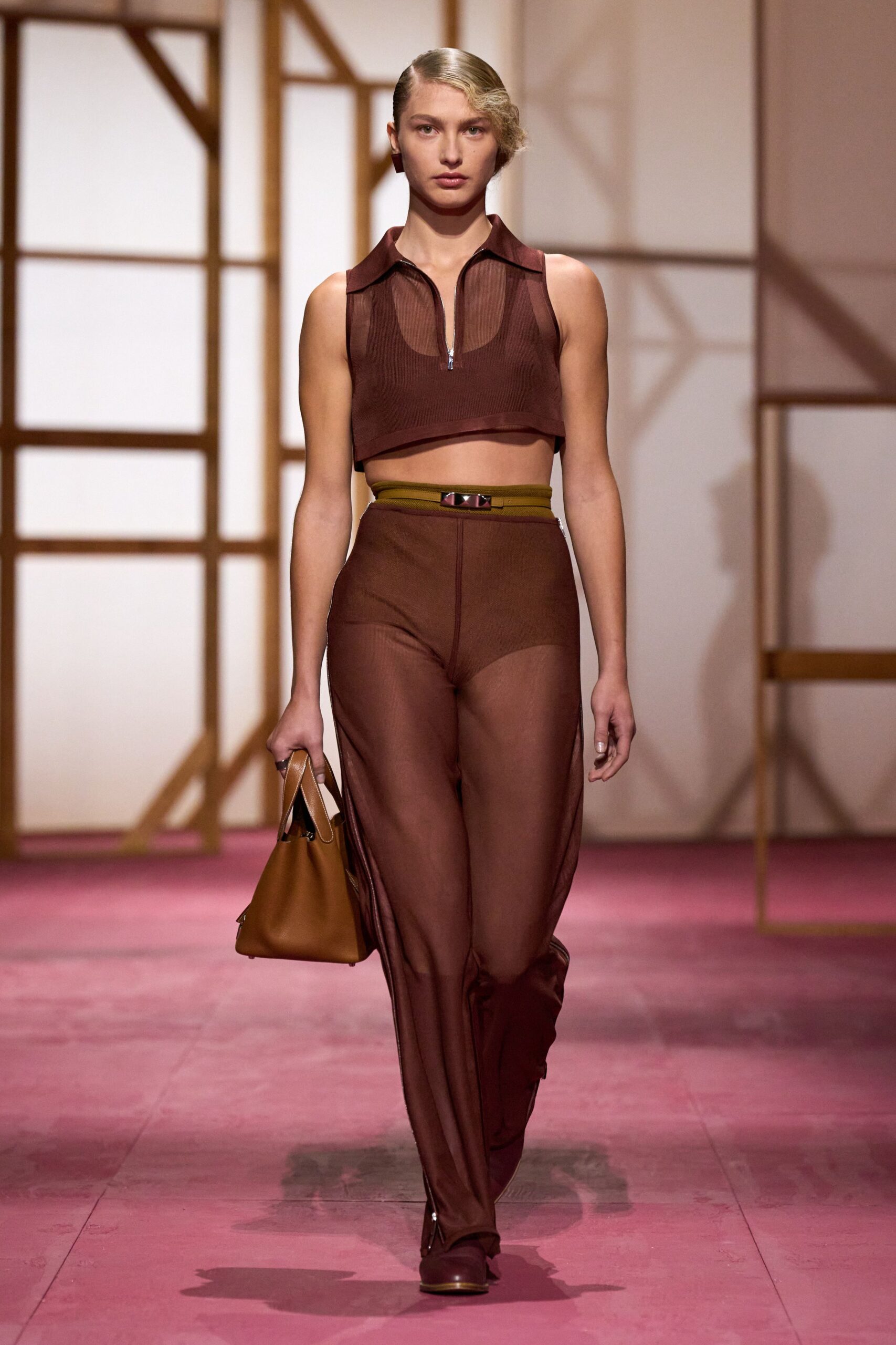 brown cotton fitted high-waisted straight-leg sheer pants