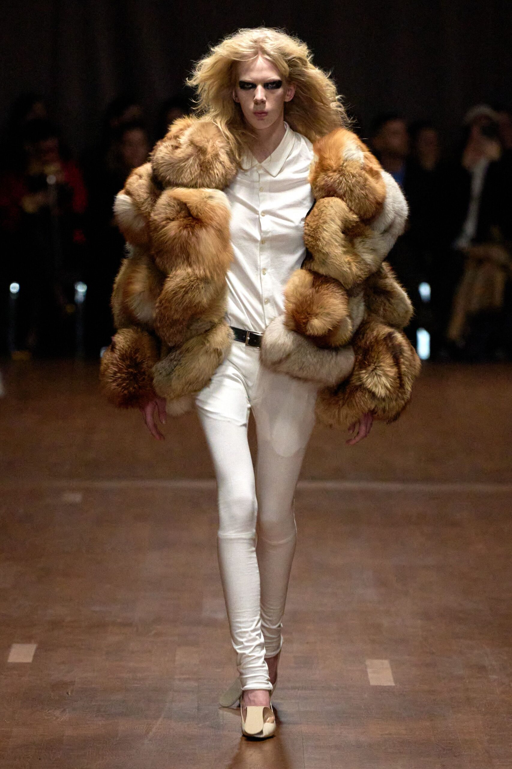 brown fur oversized coat with white shirt and pants