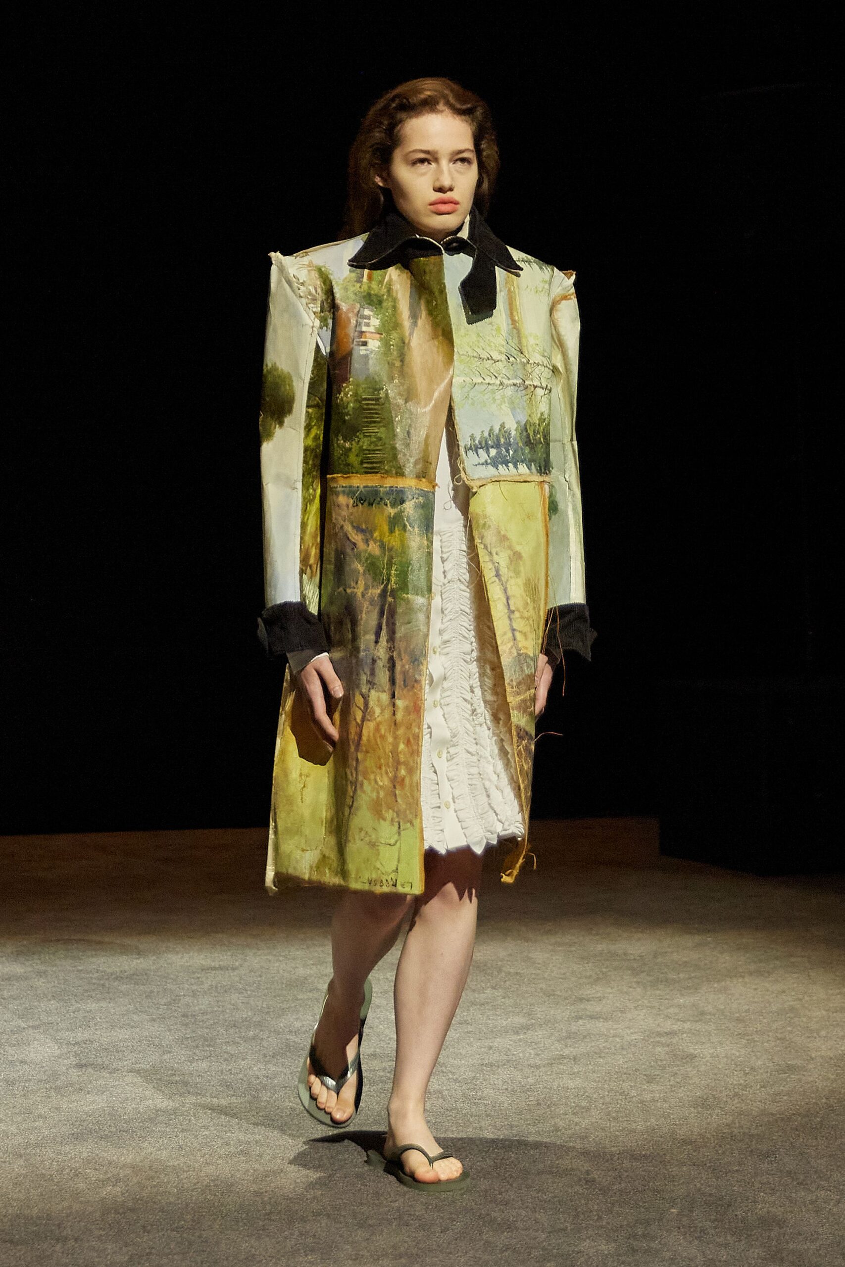 multi cotton long-sleeve collared relaxed printed midi coat