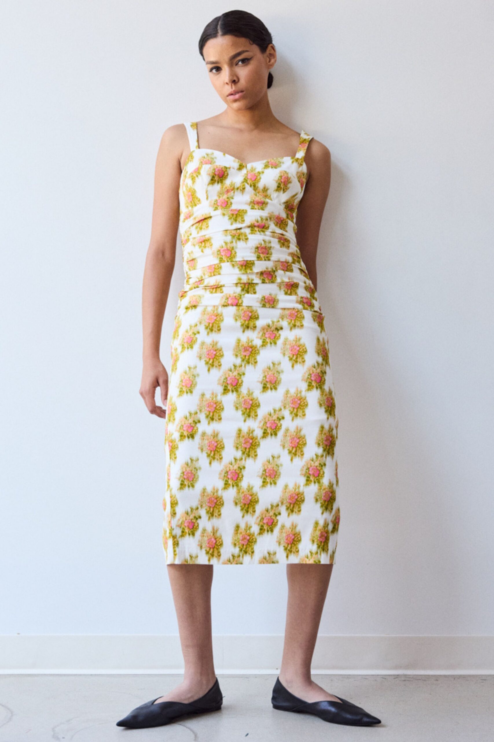 floral midi dress with black shoes