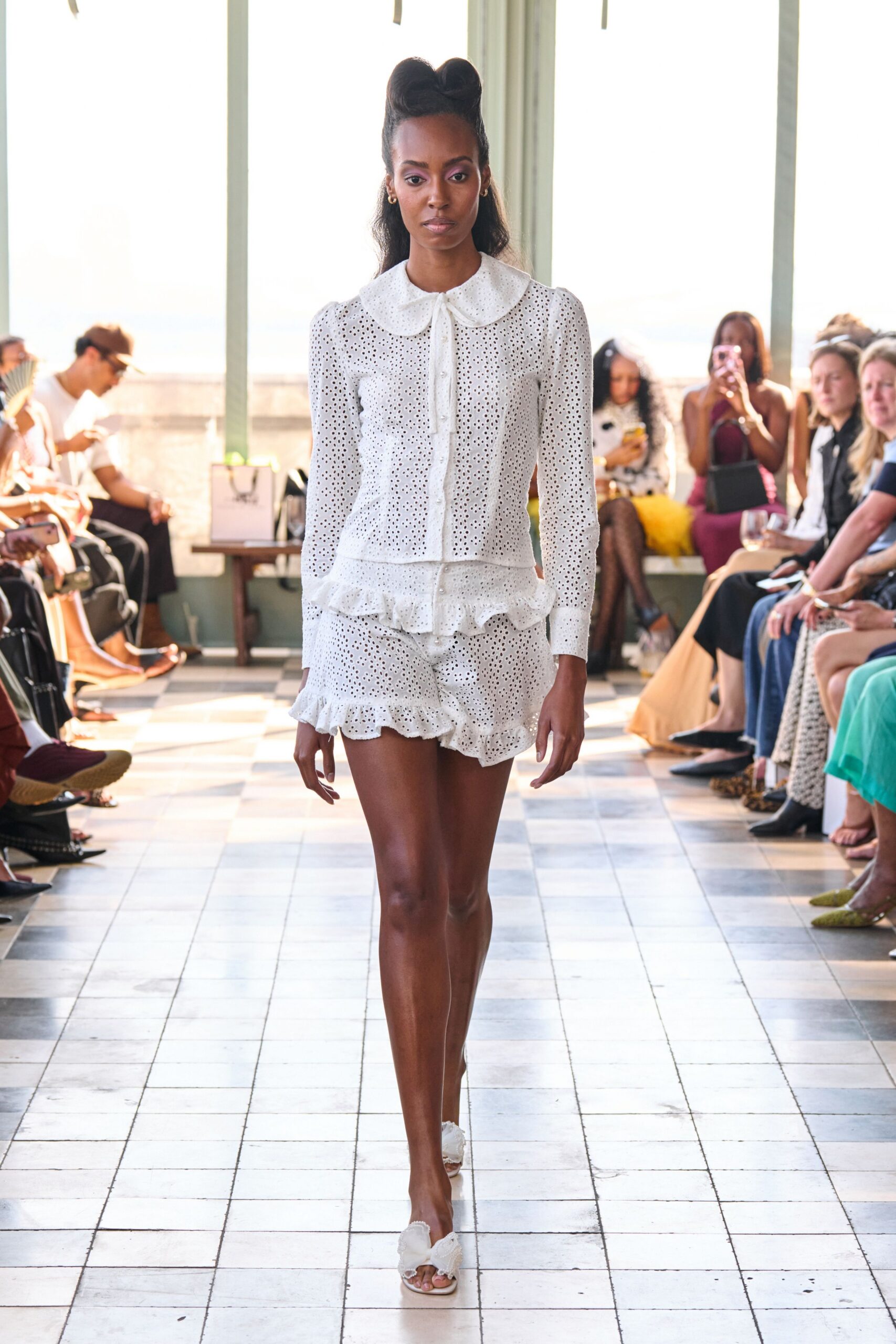 white cotton long-sleeve collared fitted ruffled short blouse