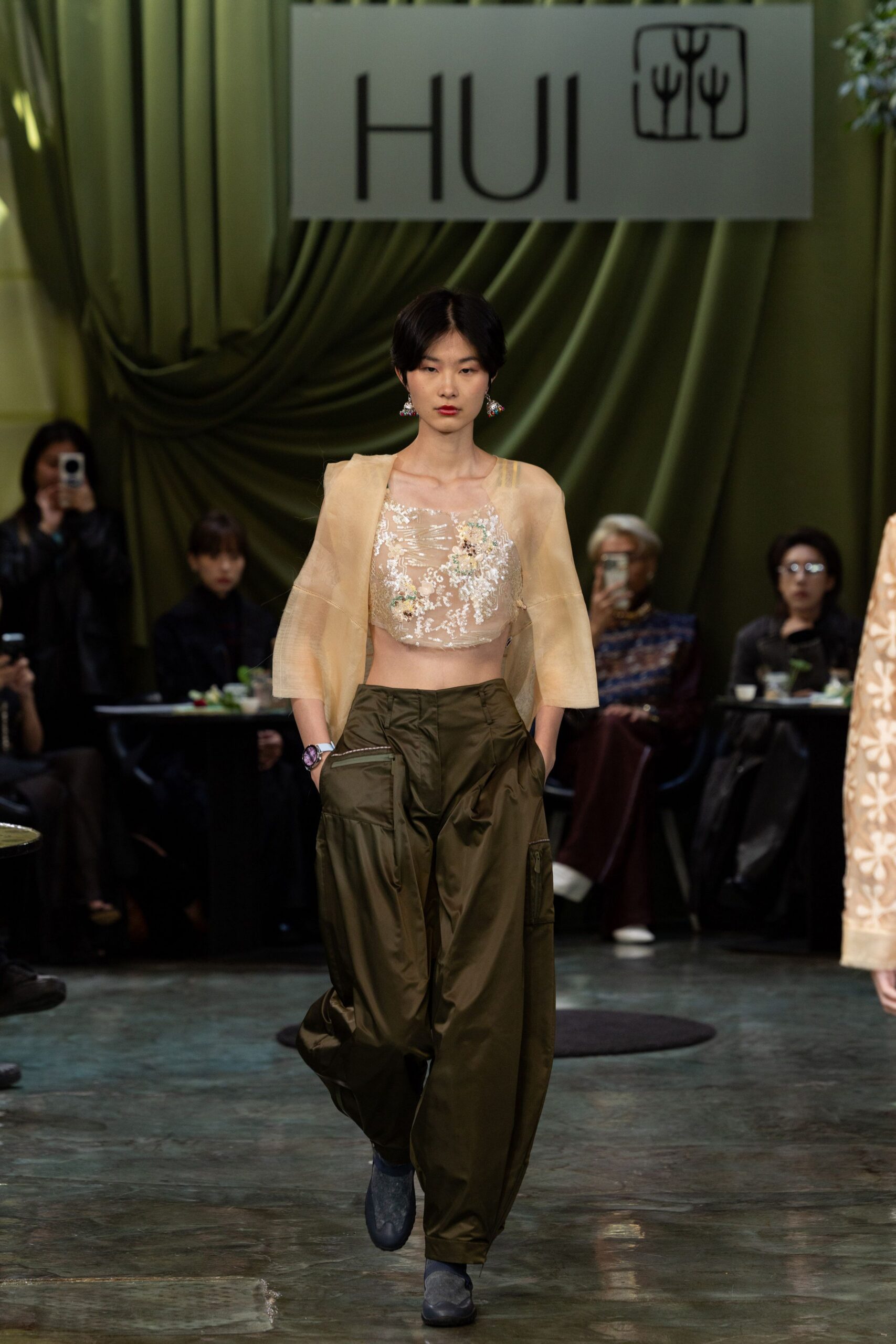 beige silk long-sleeve v-neck relaxed embroidered top
