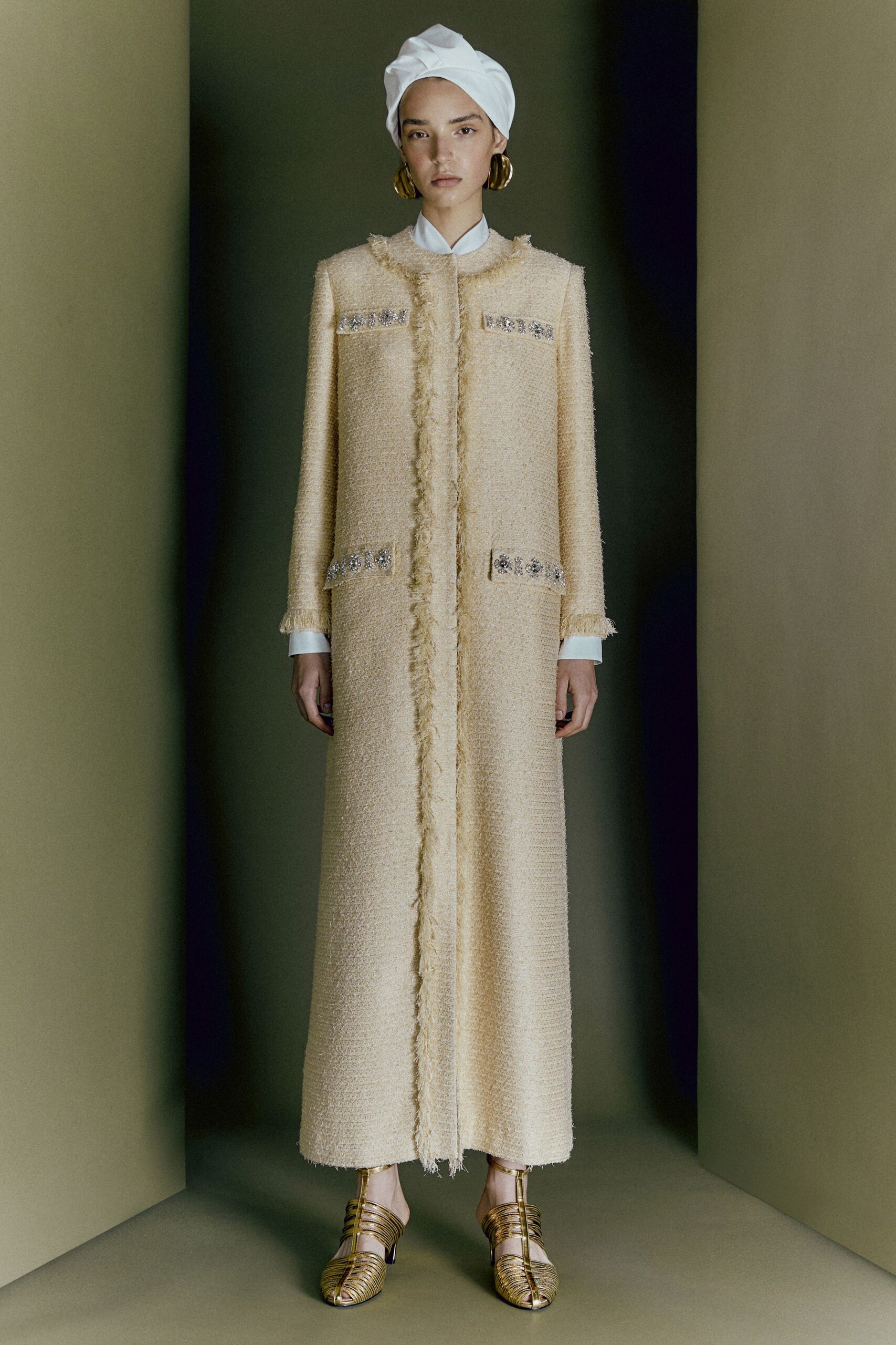 beige tweed long-sleeve gown