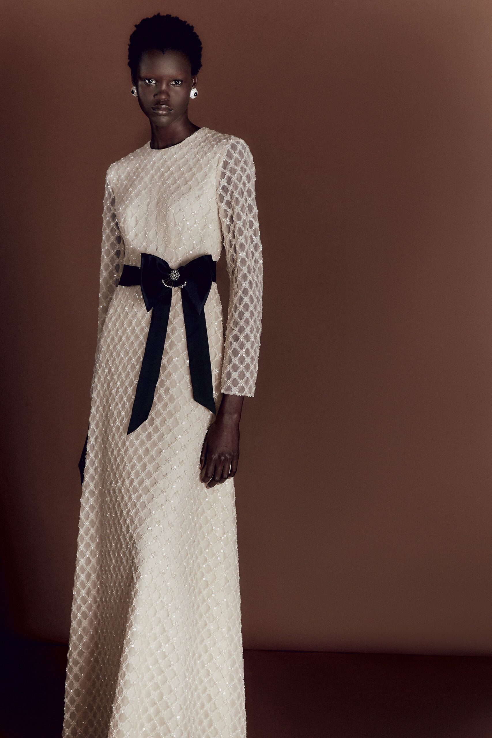 ivory embroidered long-sleeve gown