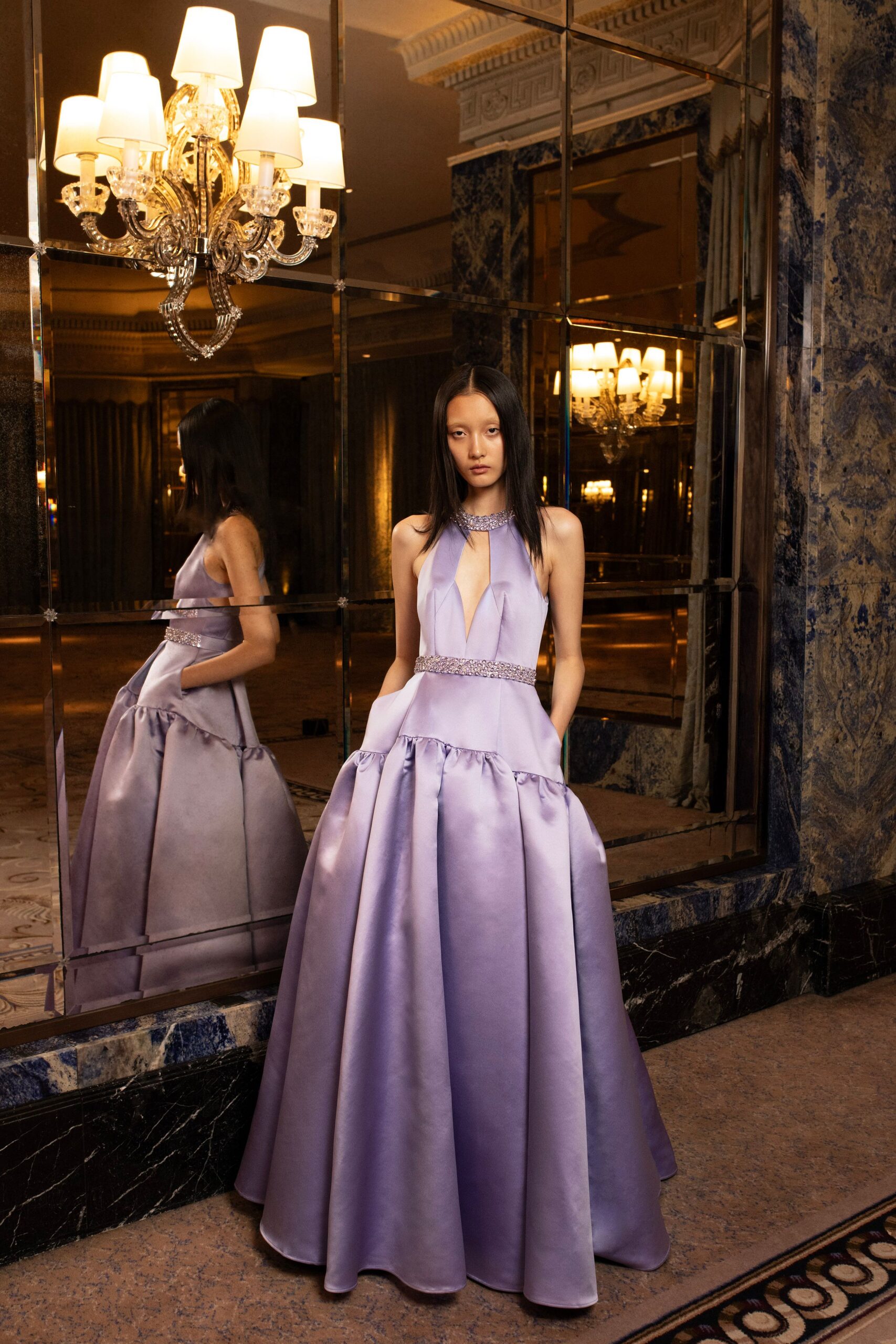 purple silk sleeveless gown