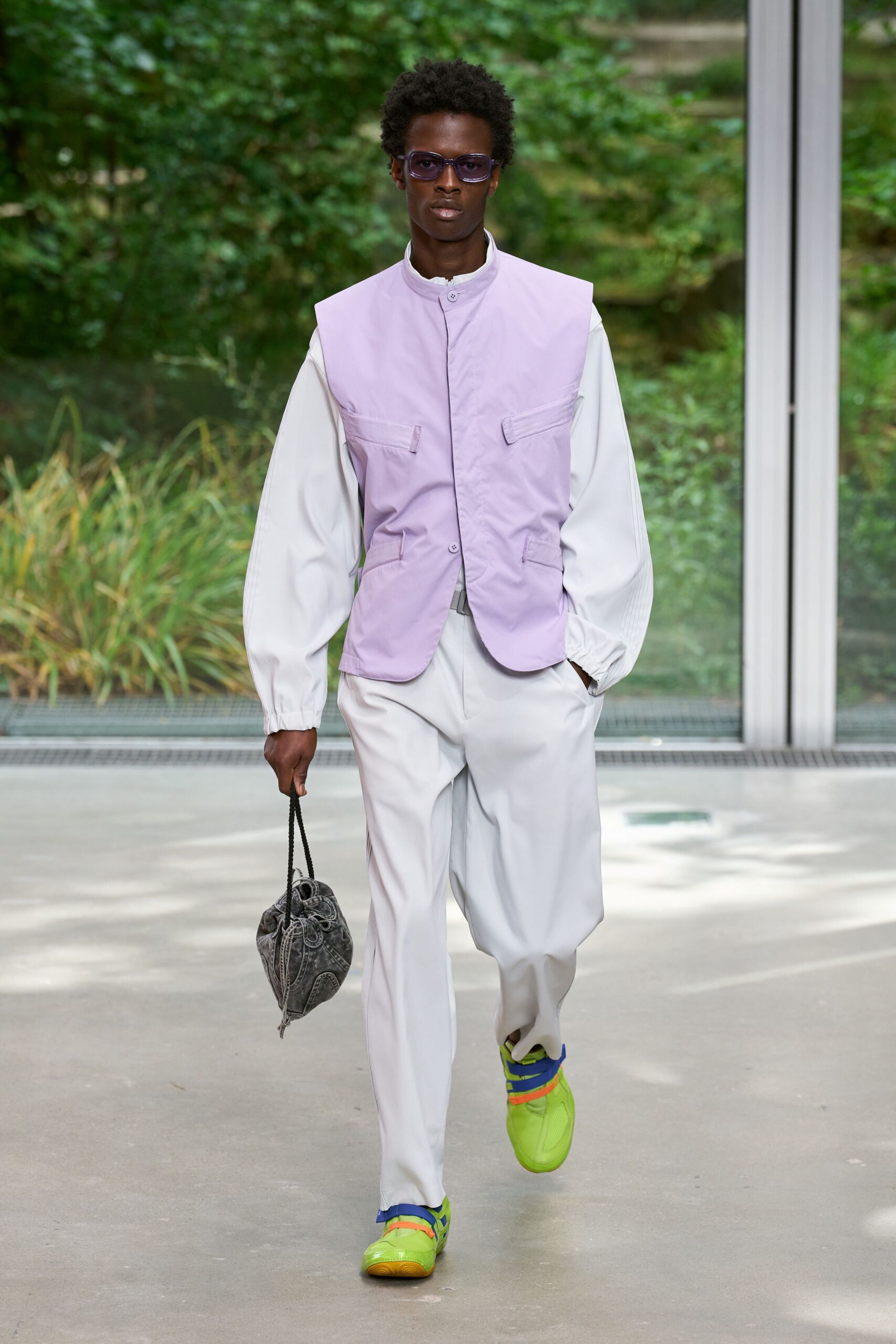 purple vest white shirt tailored pants