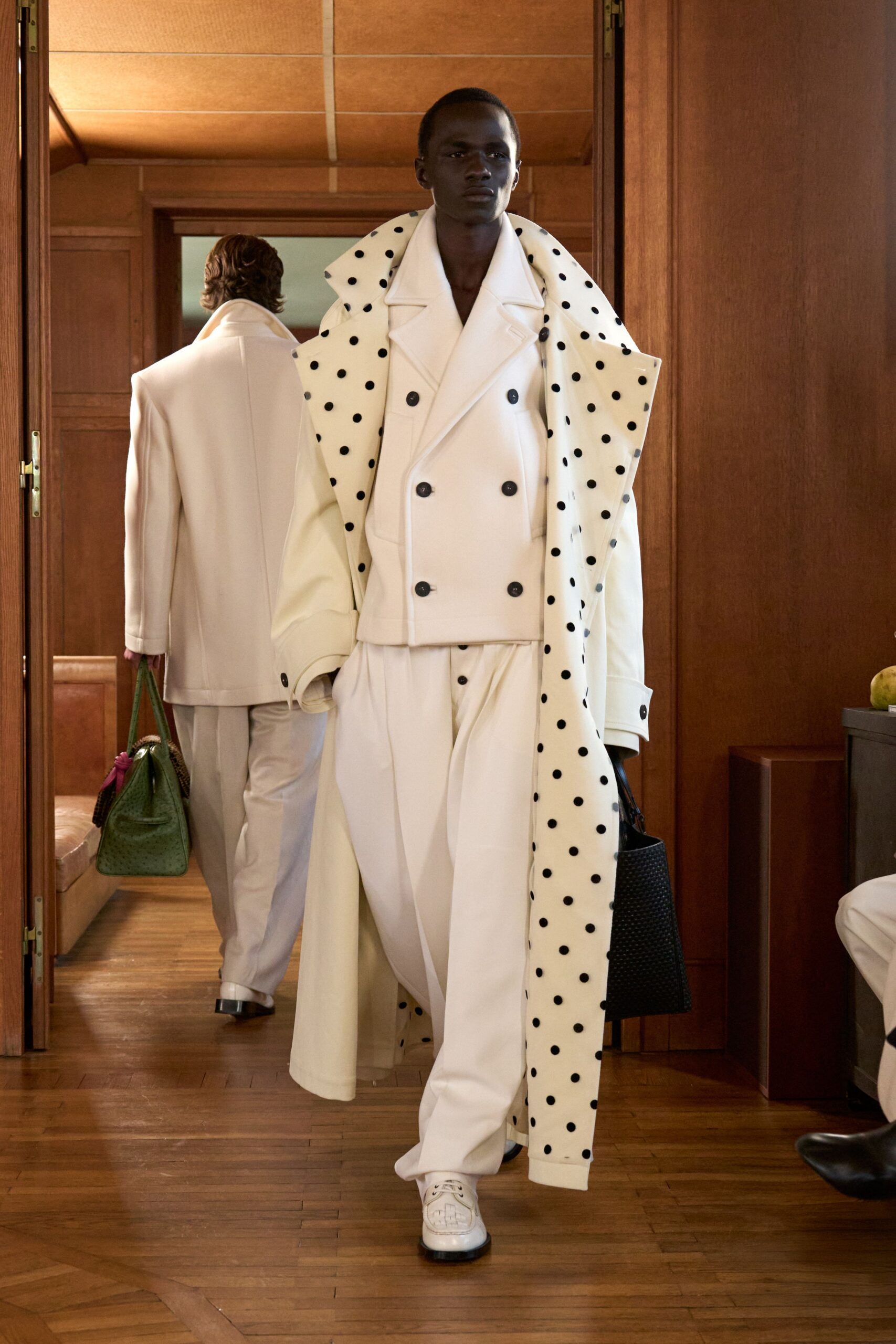 white polka-dot coat with relaxed pants