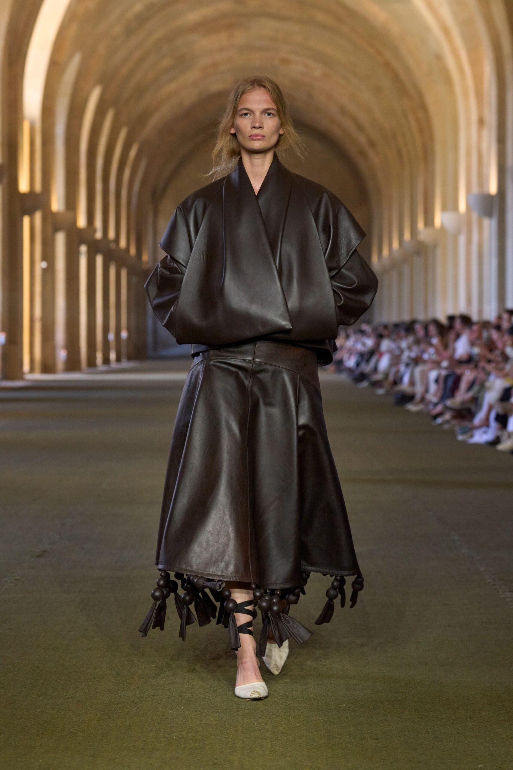 brown leather long-sleeve oversized draped top