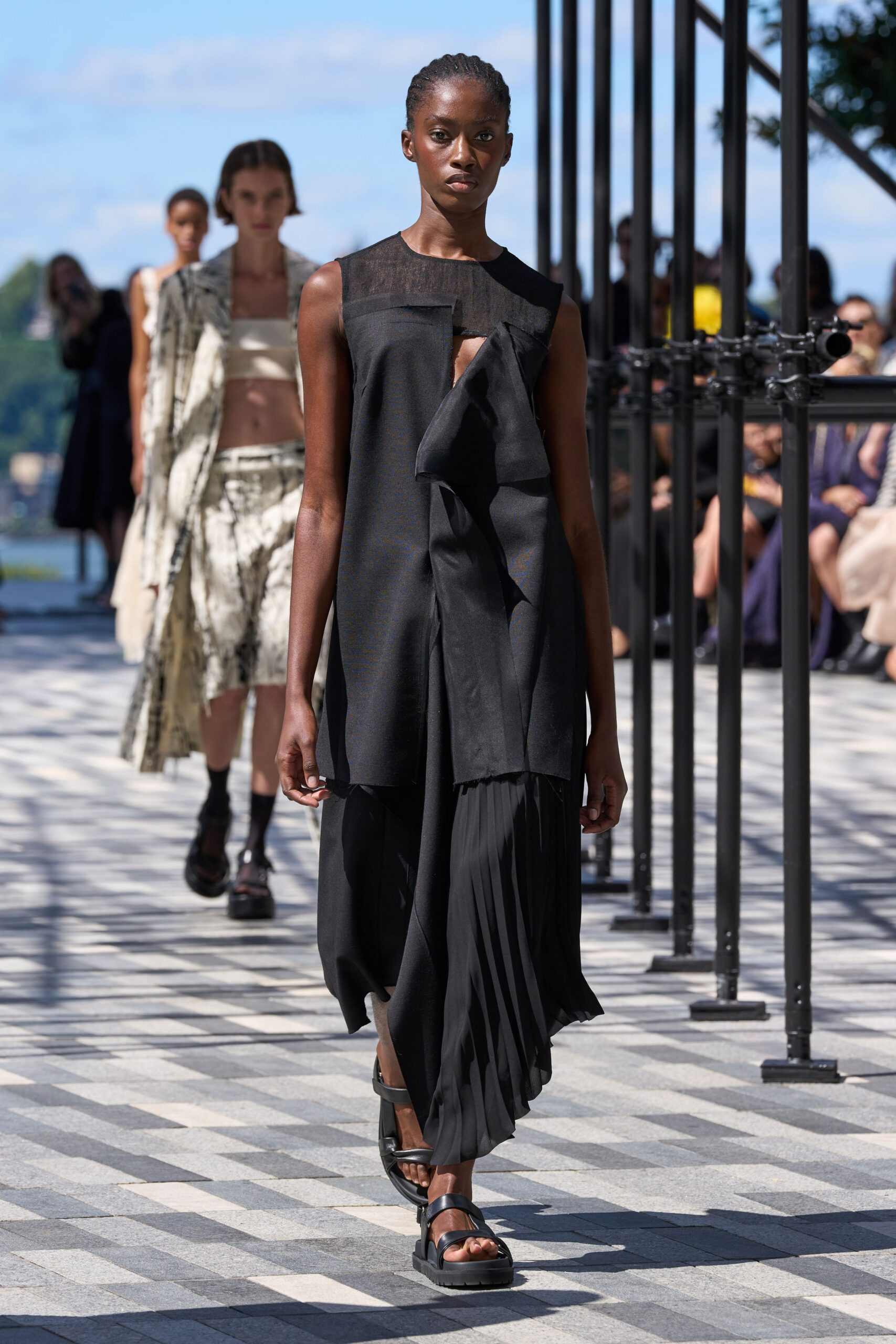 black silk sleeveless dress with chunky shoes