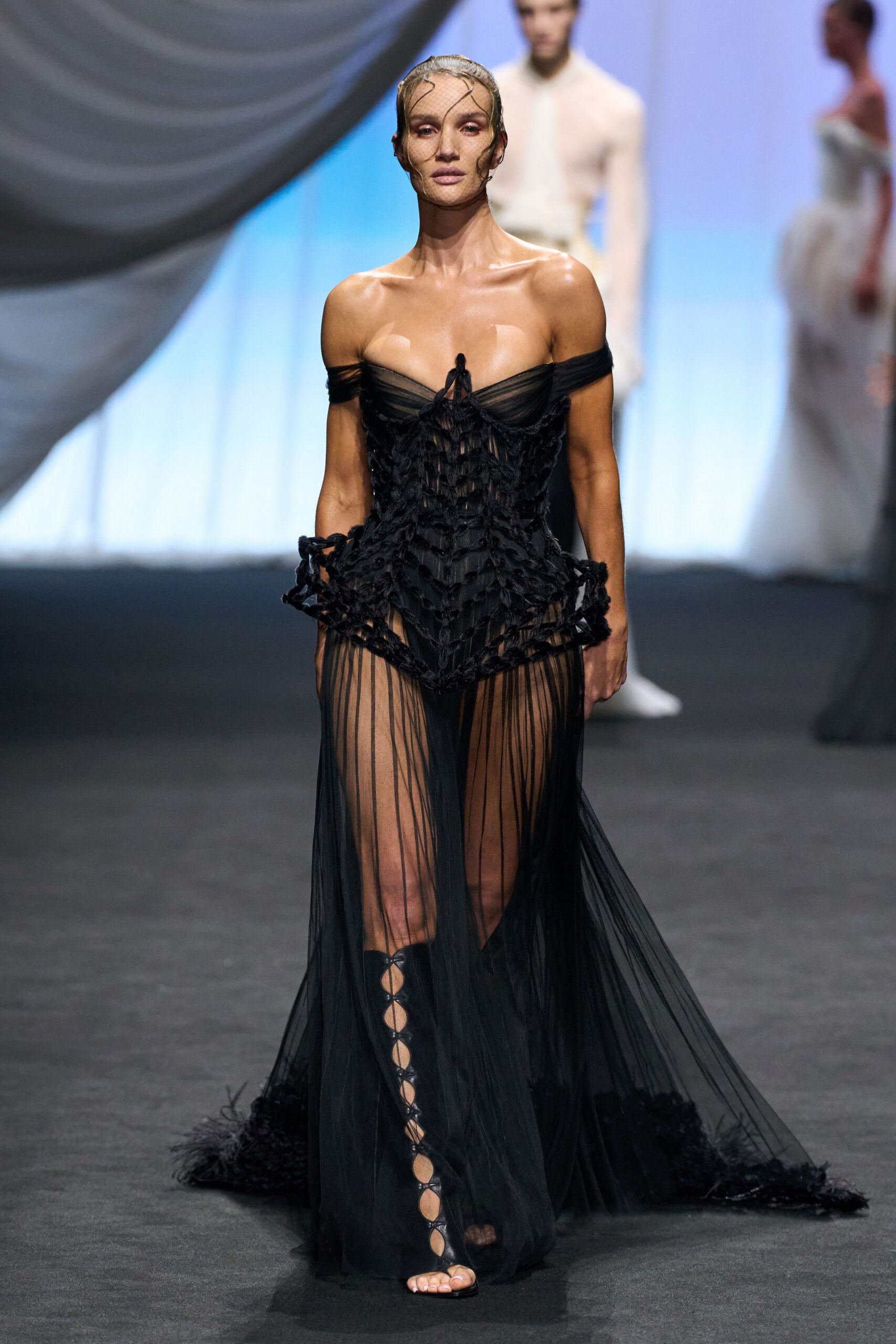black silk off-shoulder gown