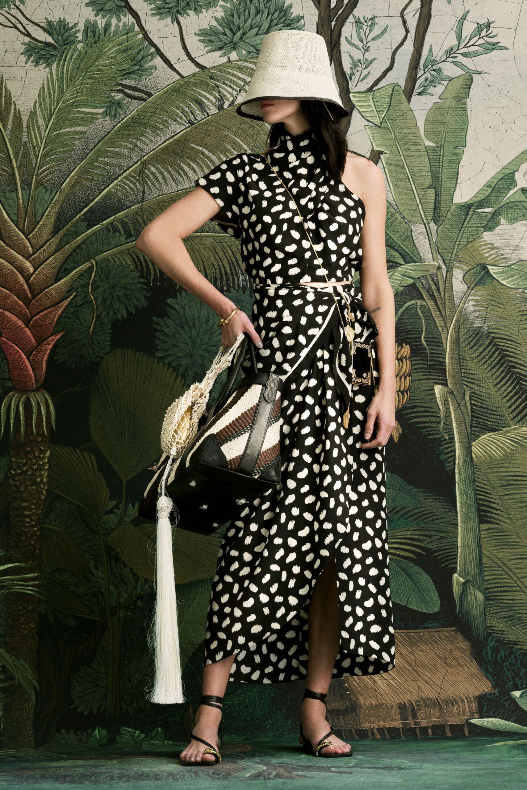 black cotton sleeveless high-neck fitted printed midi dress