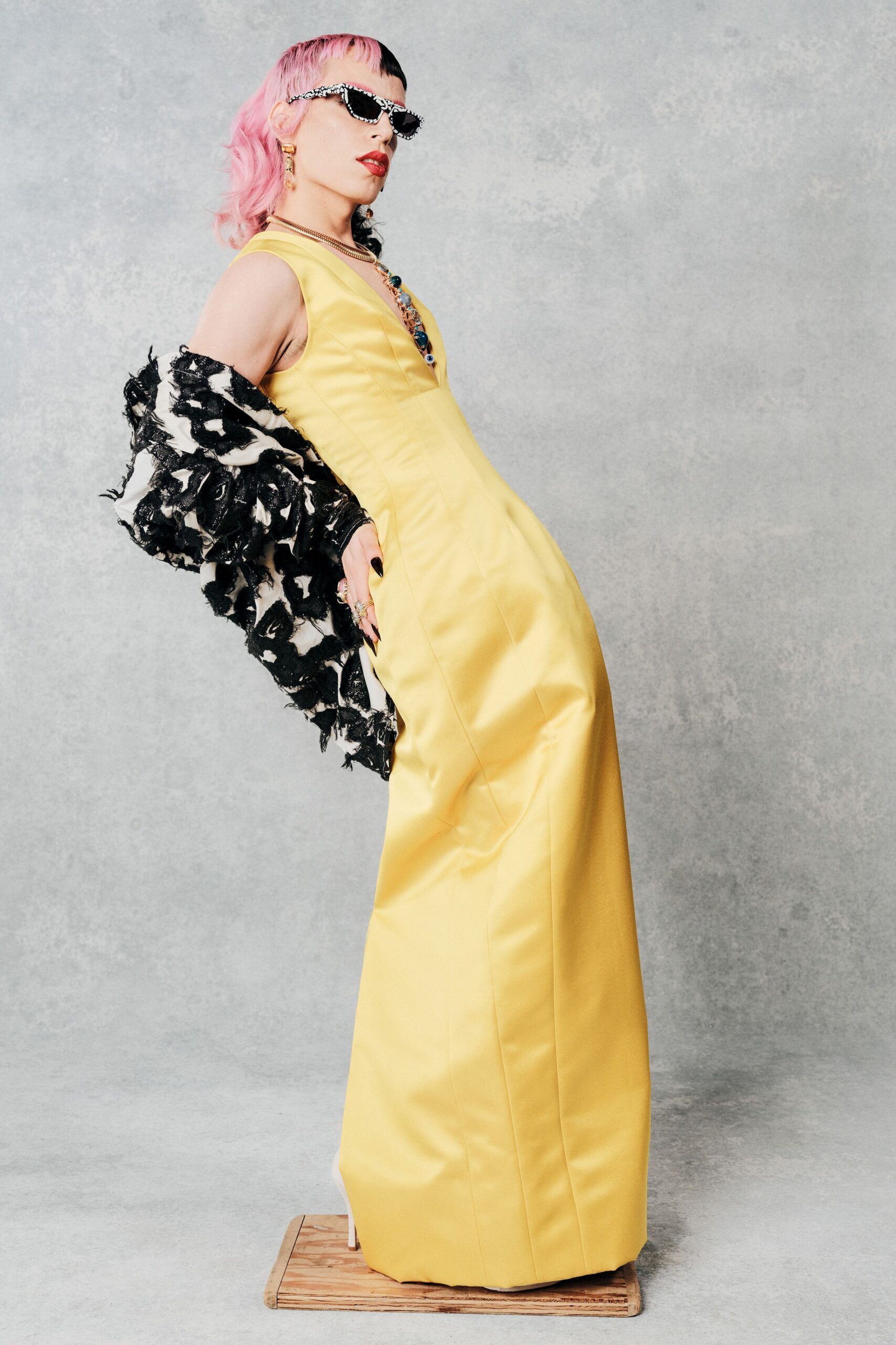 yellow silk sleeveless v-neck fitted maxi gown