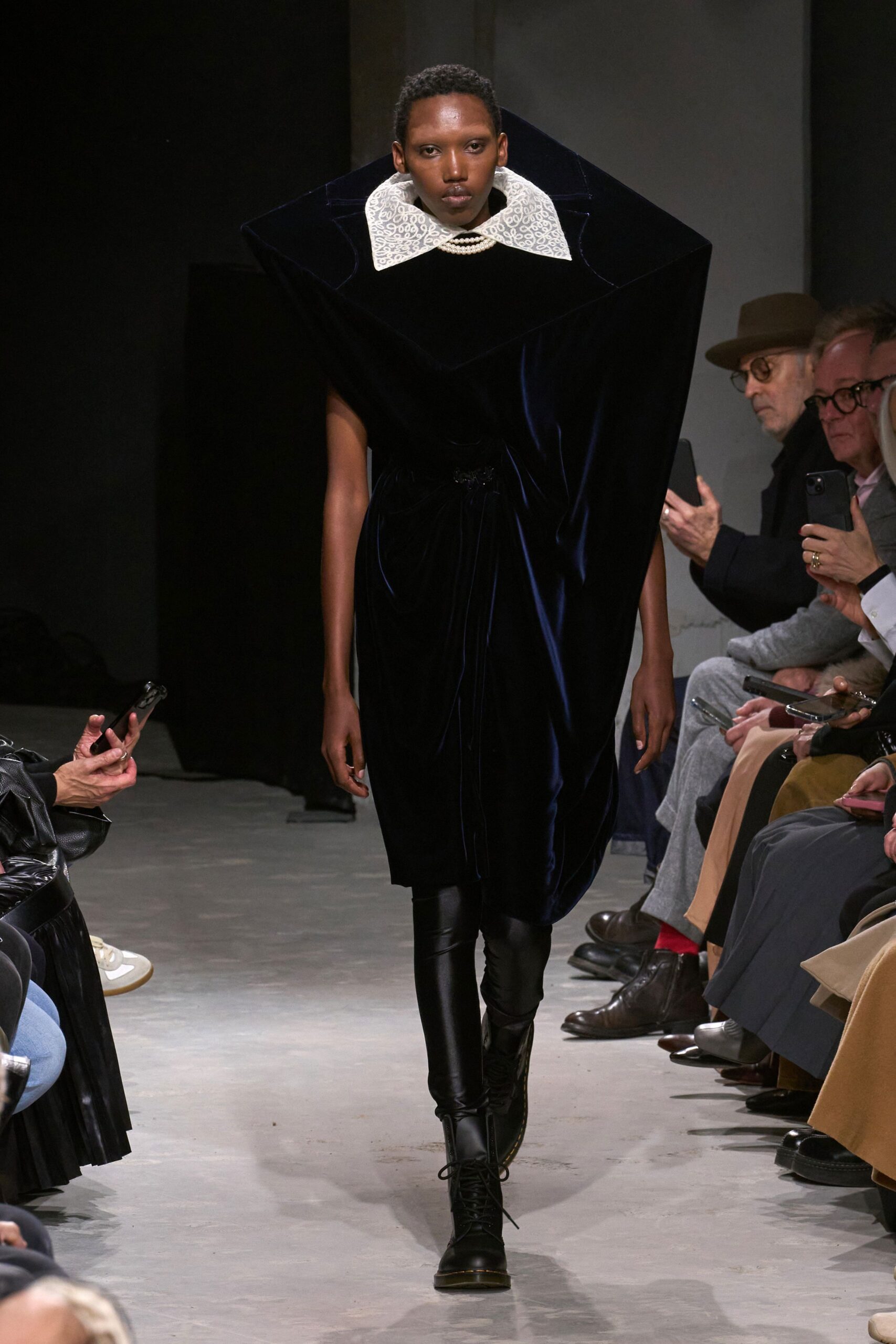 black velvet midi dress with high-neck