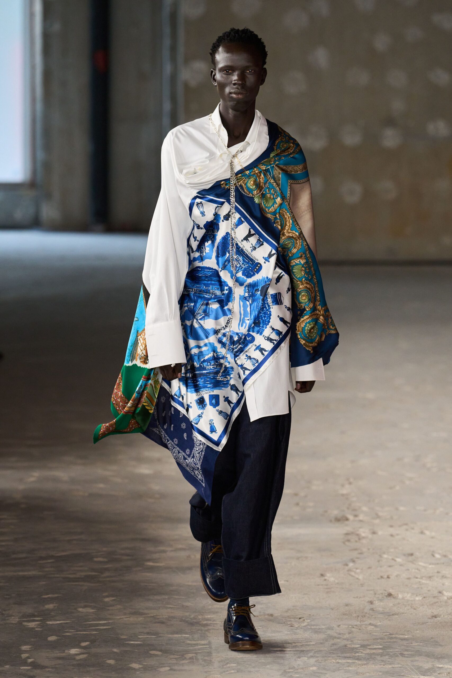 white relaxed shirt with printed scarf
