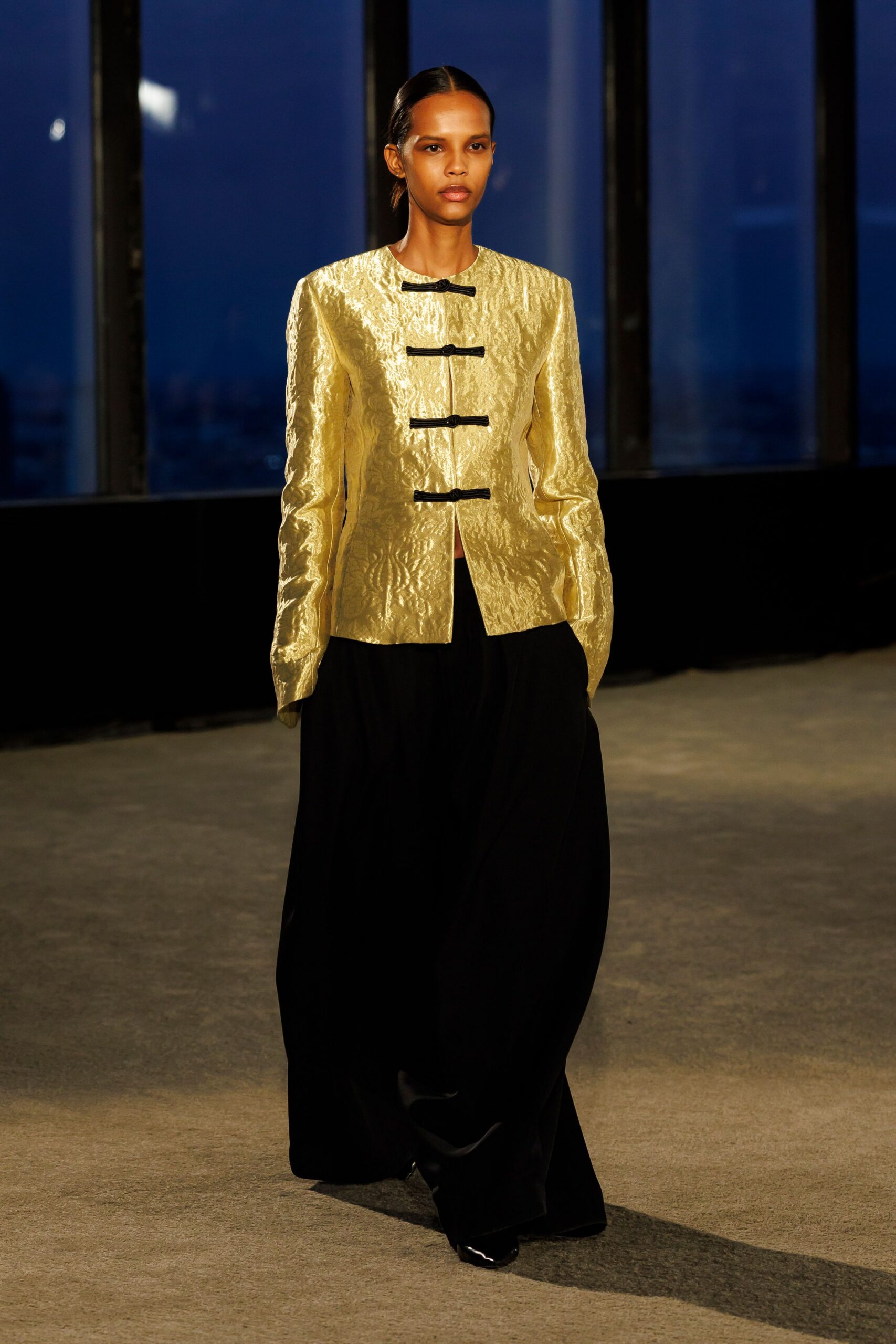 gold silk long-sleeve collared structured buttoned shiny blazer