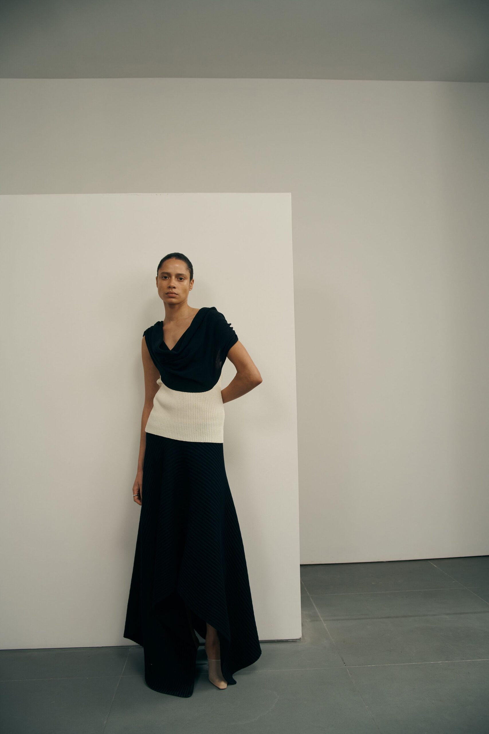 black and white asymmetric skirt with top