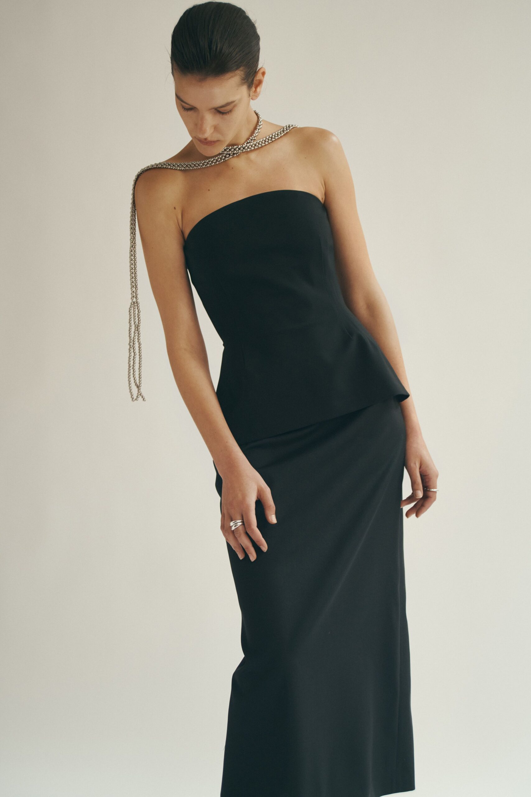 black strapless fitted gown
