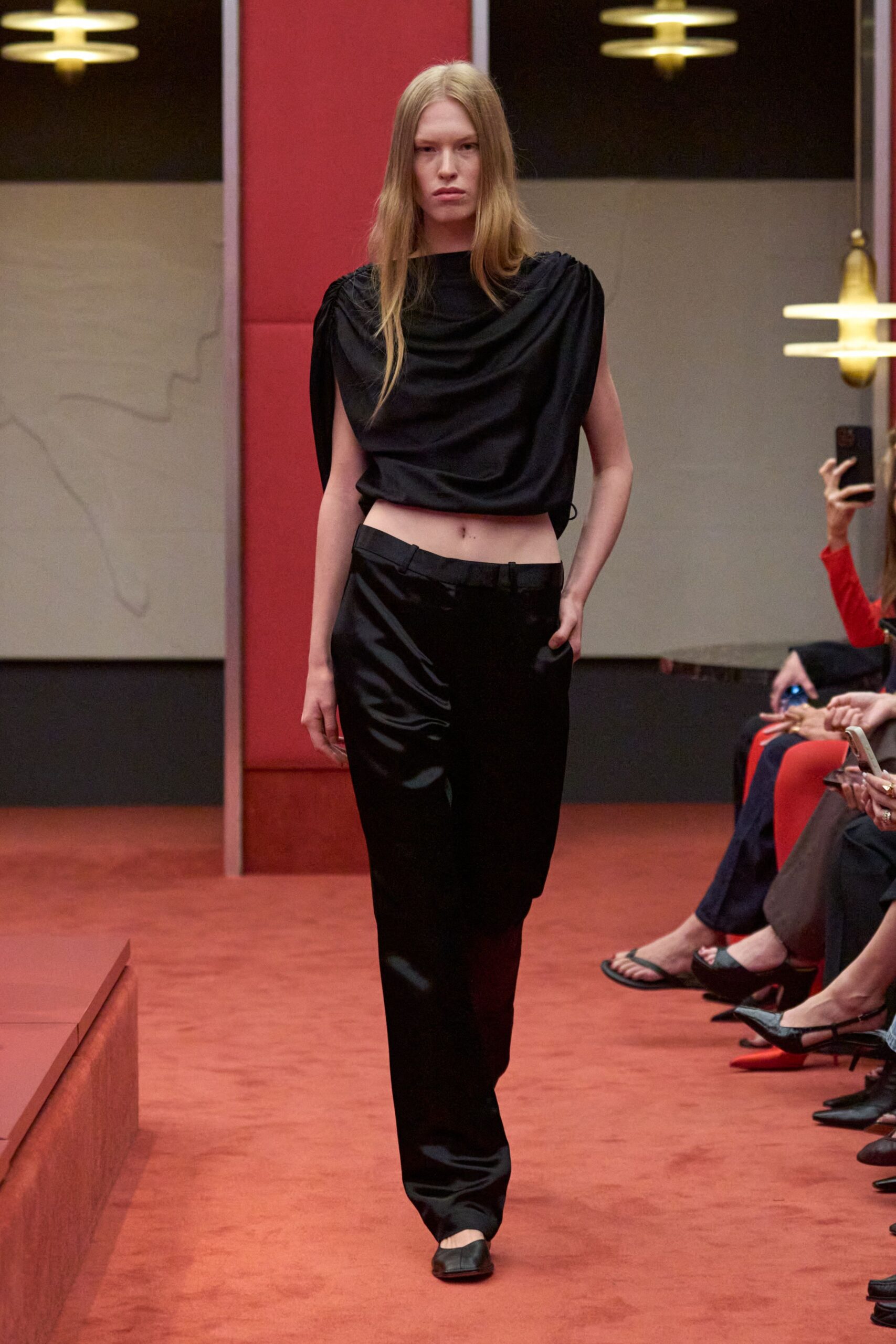 black silk sleeveless fitted draped cropped top