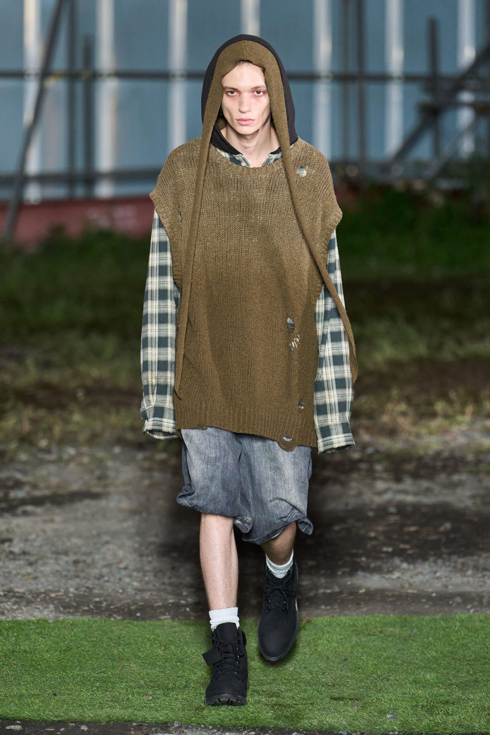brown sleeveless hoodie with checked shirt